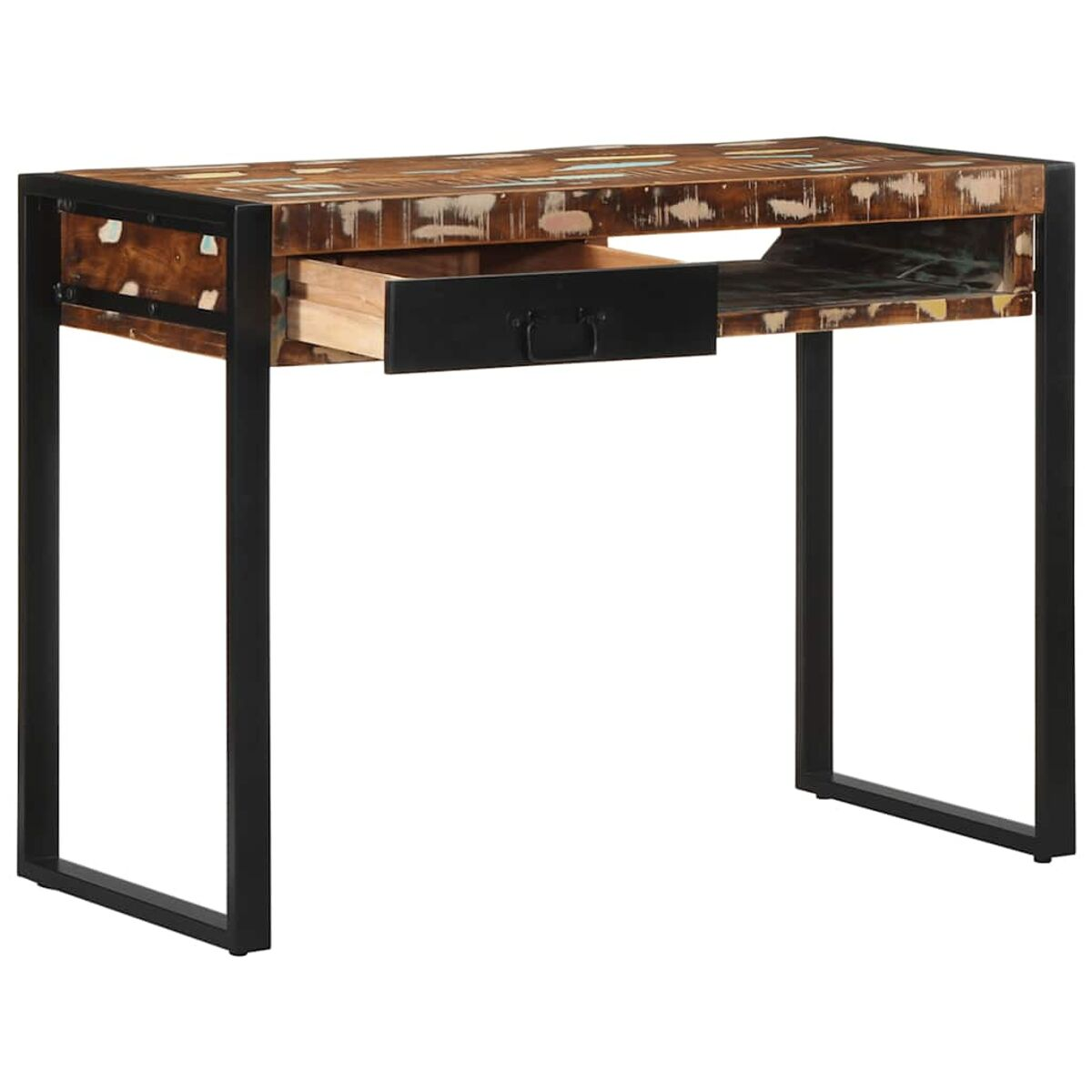 Holzschreibtisch mit schwarzen Metallbeinen. Die Schublade ist geöffnet. Der Schreibtisch hat eine mehrfarbige Oberseite und einen schwarzen Rahmen.