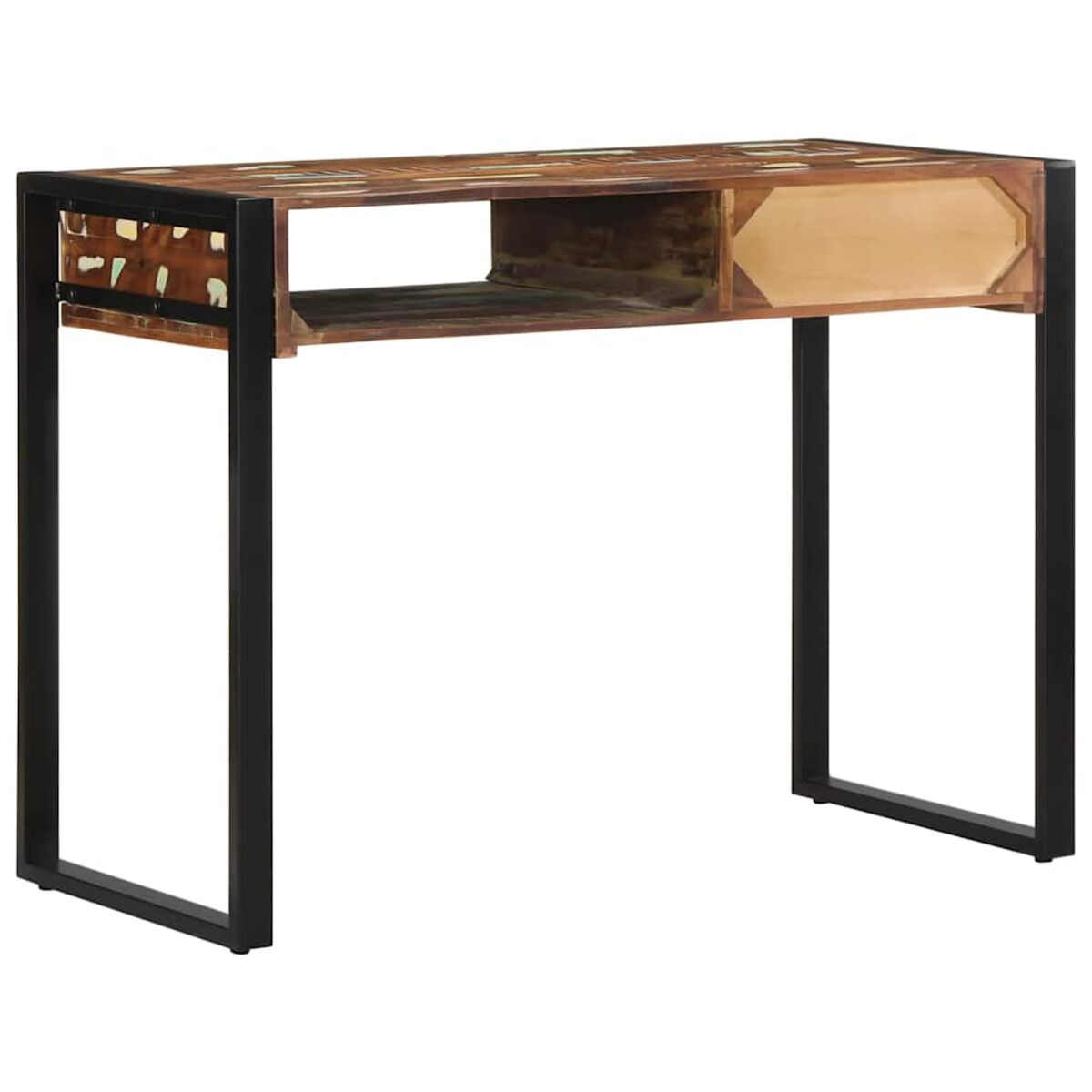 Holzschreibtisch mit Metallbeinen, mit Schublade und offenem Regal.