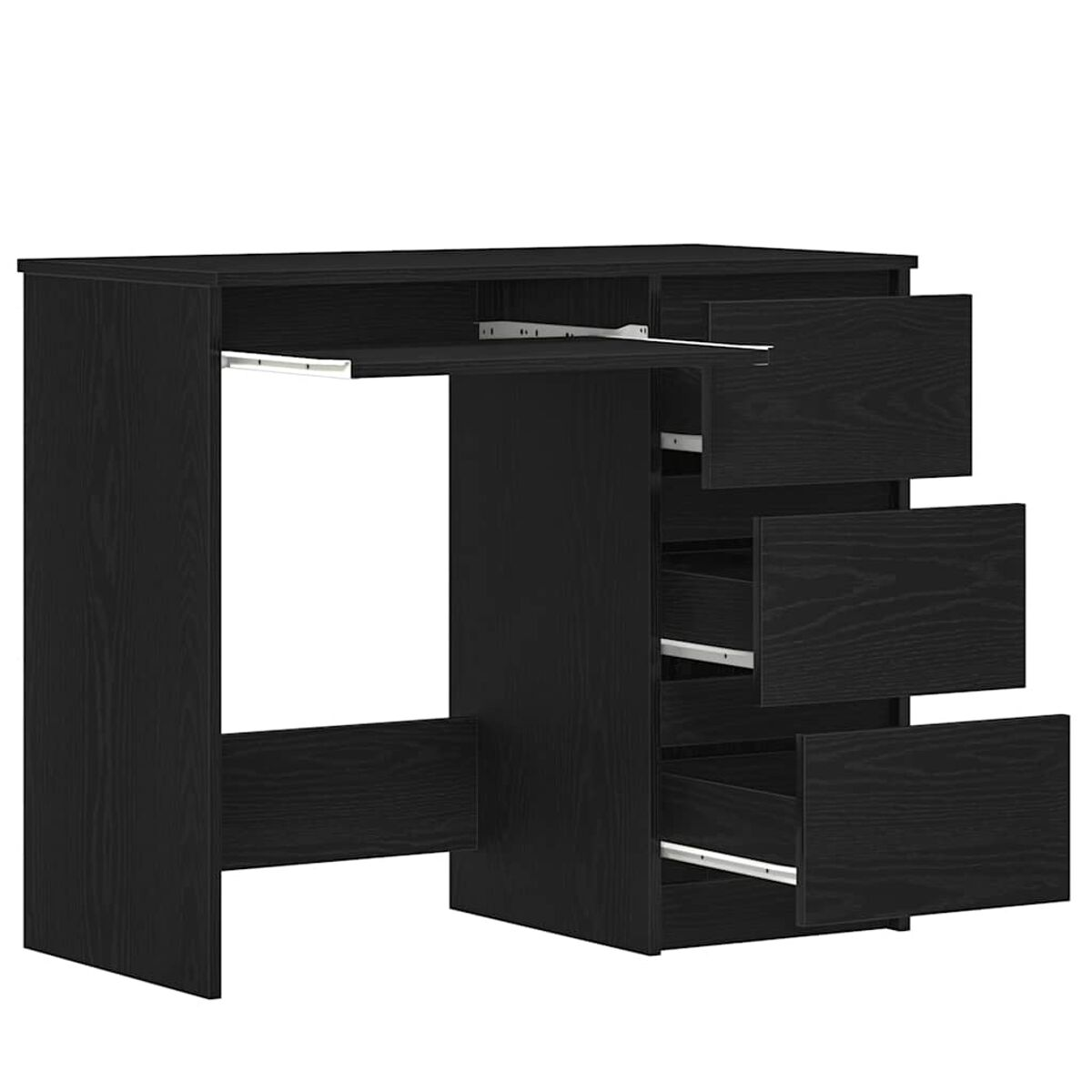 Schwarzer Schreibtisch mit Tastaturablage und Schubladen, schwarze Holzmaserung.