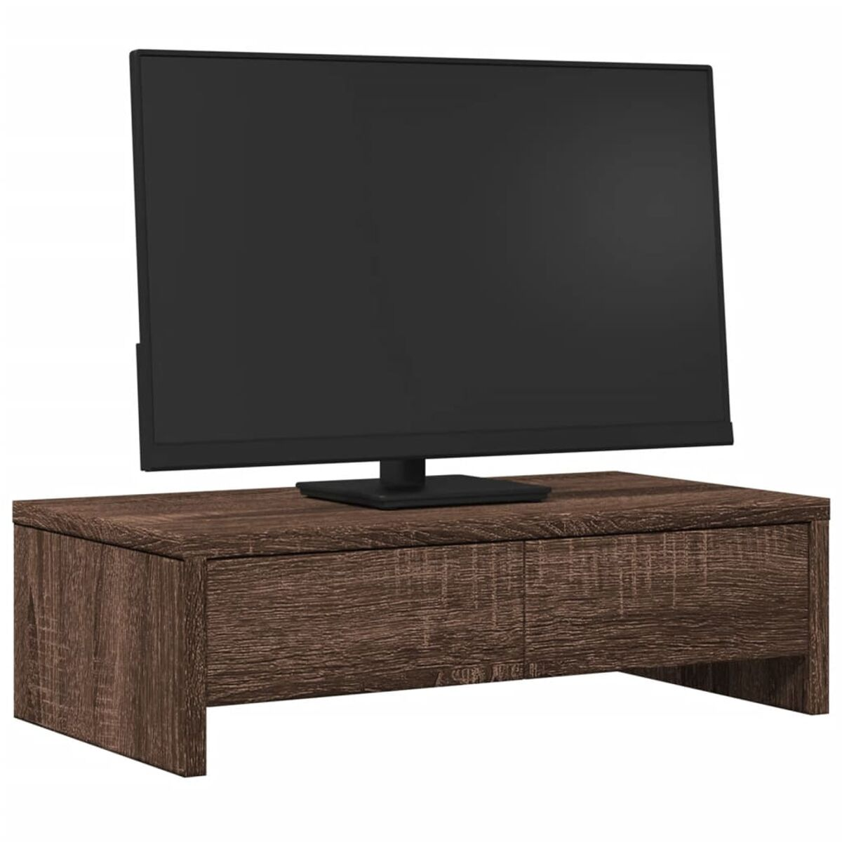 Brauner TV-Ständer aus Holz mit zwei Schubladen und einem schwarzen Fernseher. Modernes Design.