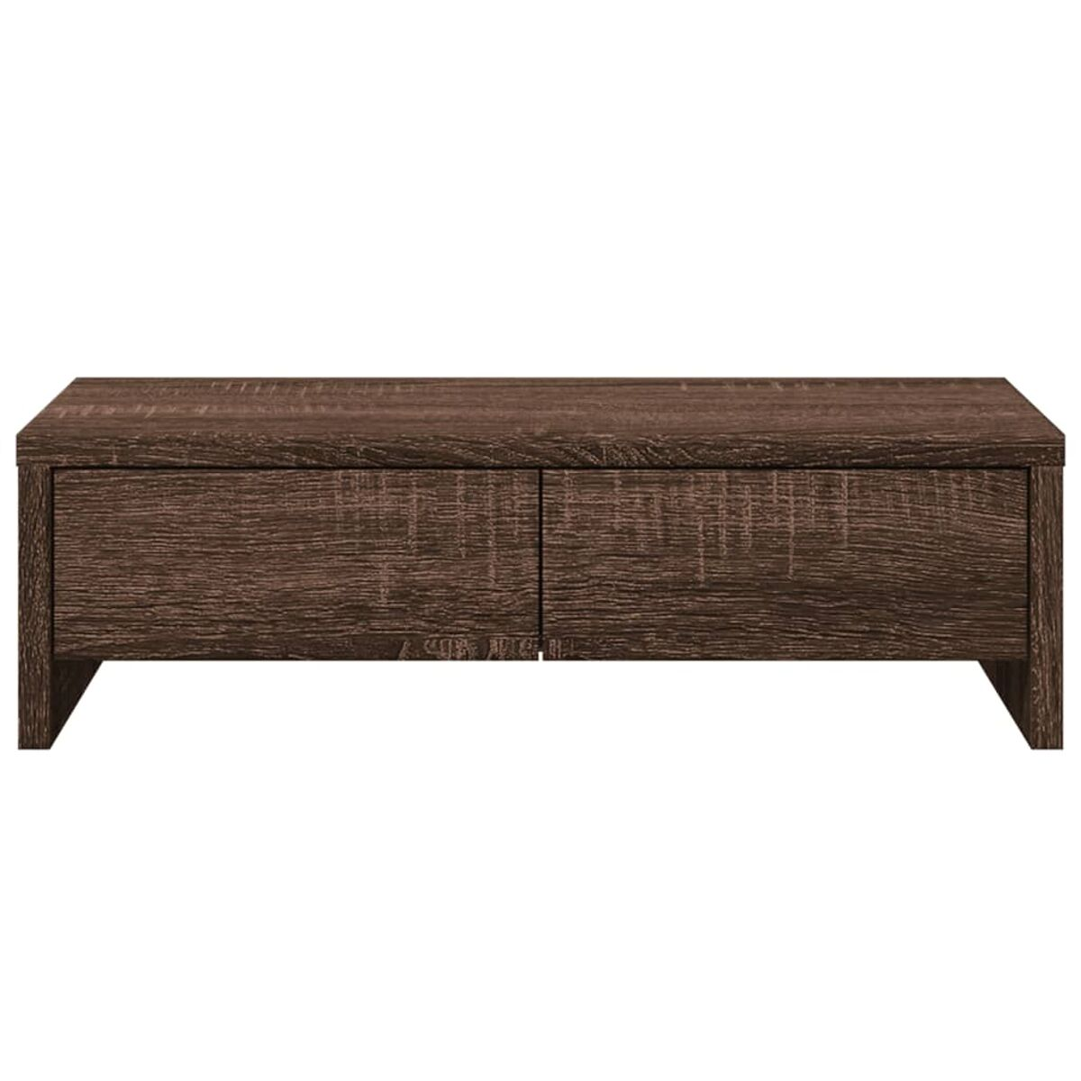 Ein niedriger, rechteckiger brauner Couchtisch aus Holz mit zwei Schubladen.