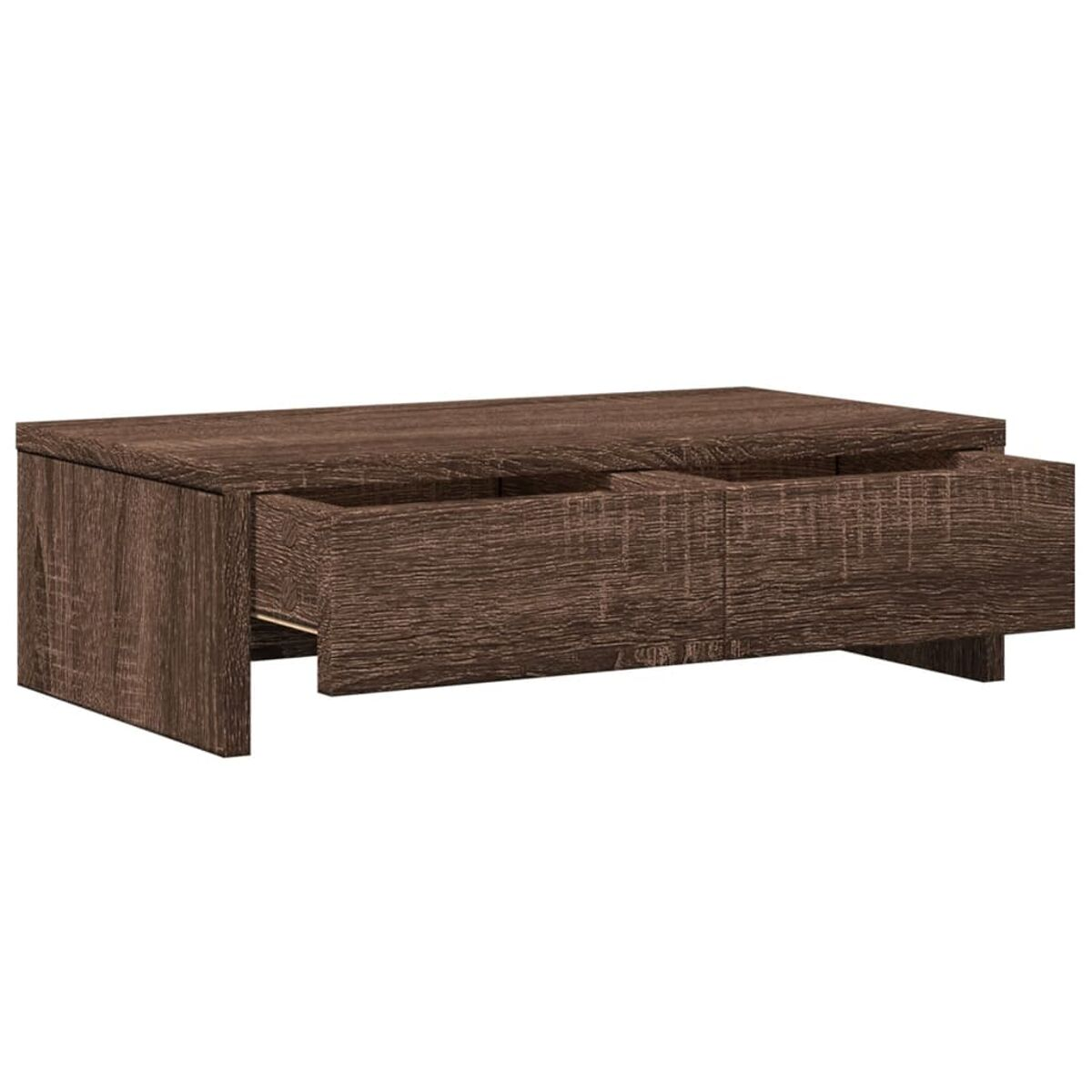 Ein brauner Couchtisch aus Holz mit zwei offenen Schubladen. Die Maserung des Holzes ist sichtbar.