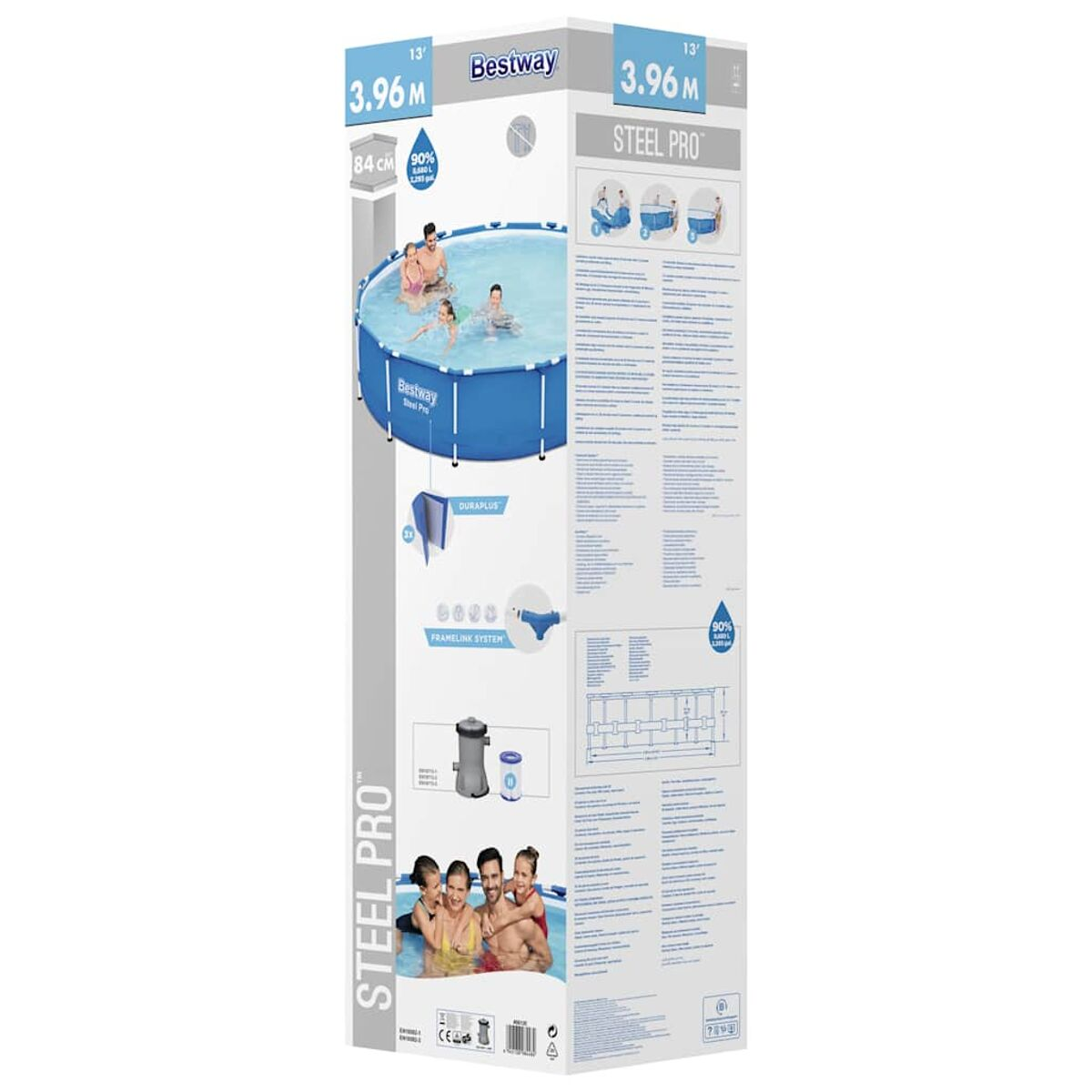 Blaue Poolbox mit Familienillustration und Details auf weißem Hintergrund.