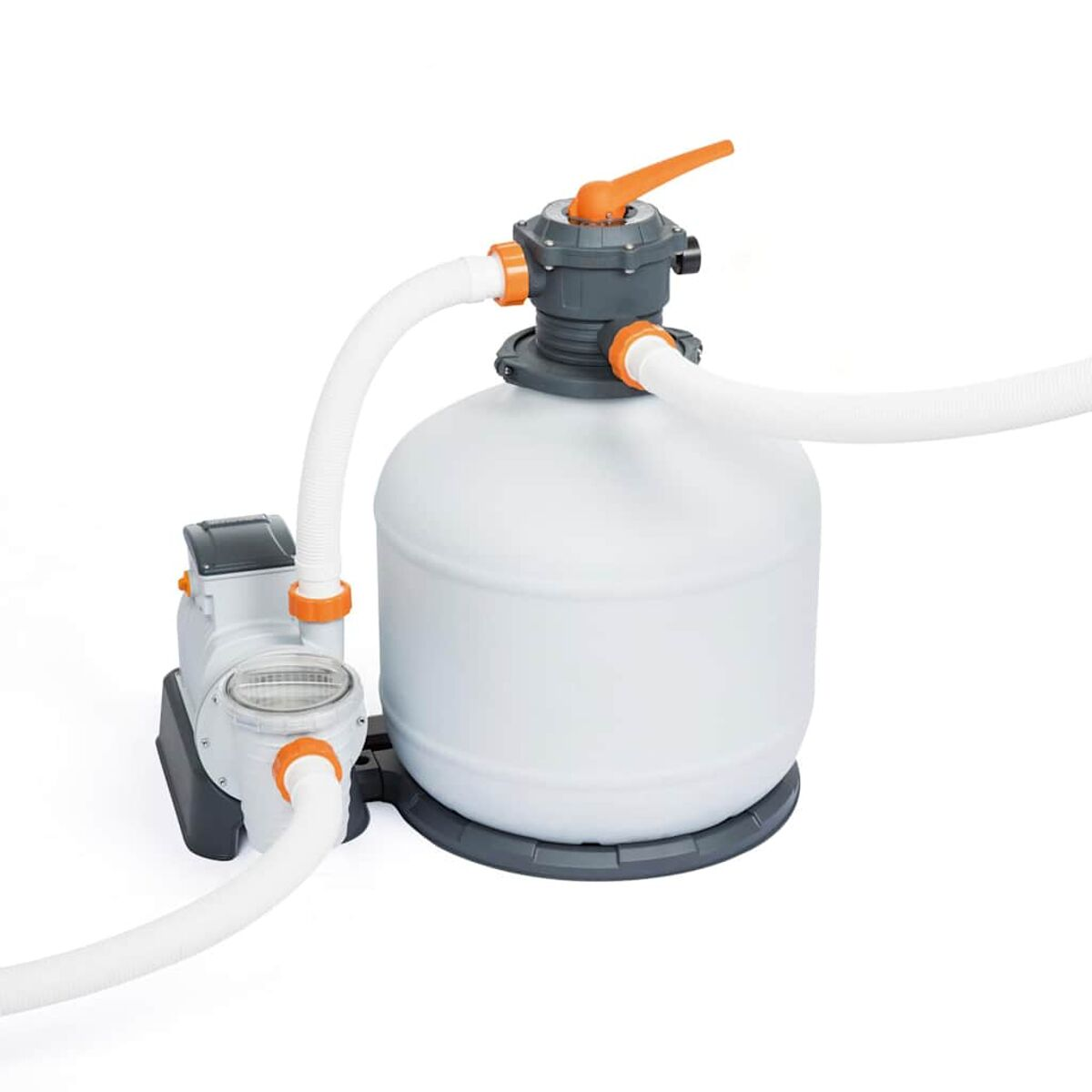 Ein weißes und graues Poolfiltersystem mit Schläuchen und einem orangefarbenen Griff.