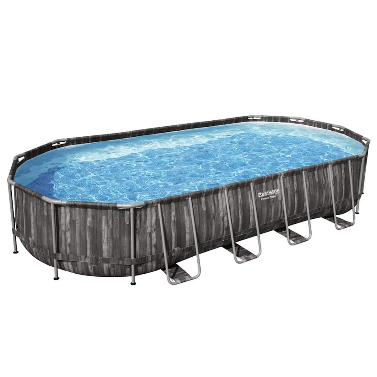 Oval geformter Pool mit Holzoptik. Blaues Wasser füllt den Pool, Metallleiter vorhanden.
