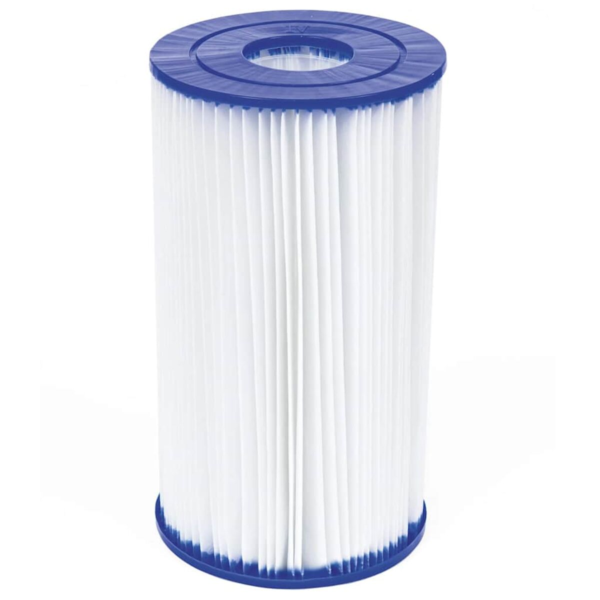 Weißer, plissierter Poolfilter mit blauen Enden.