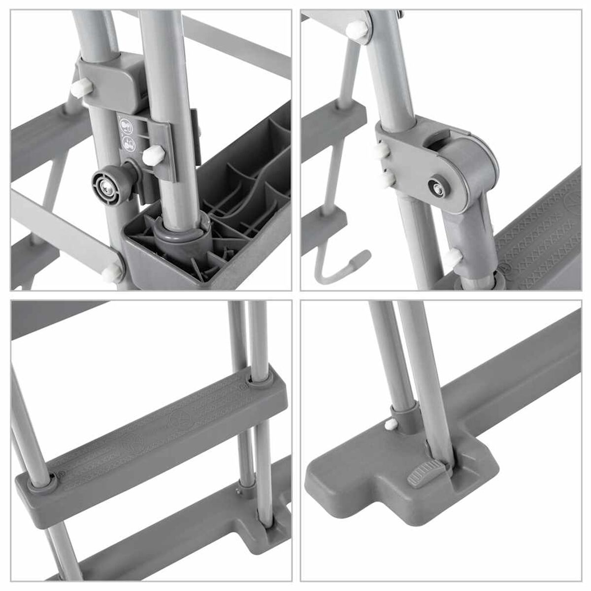 Nahaufnahme grauer Klappleiterdetails. Stufen, Scharniere und Verriegelungsmechanismen sichtbar.