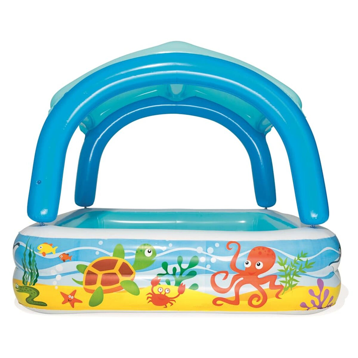 Piscine gonflable avec un auvent bleu. Des créatures marines de dessins animés sont peintes sur les côtés.
