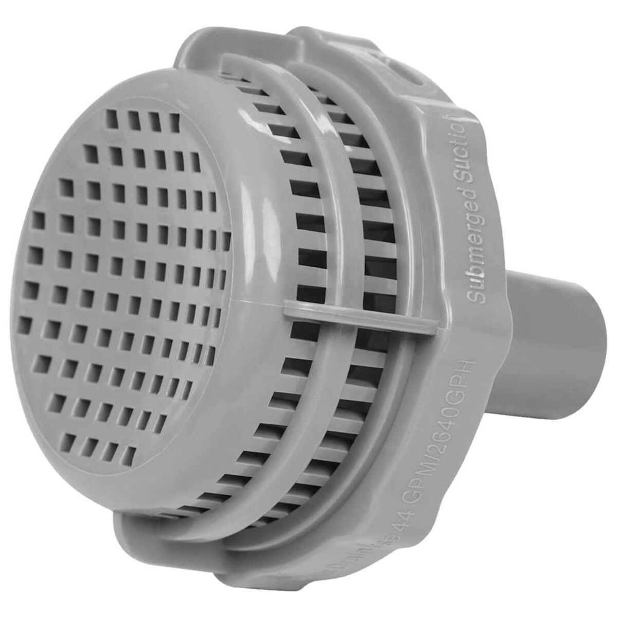 Grauer Kunststoff-Poolfilter mit zylindrischer Form und seitlich verlaufendem Rohr.