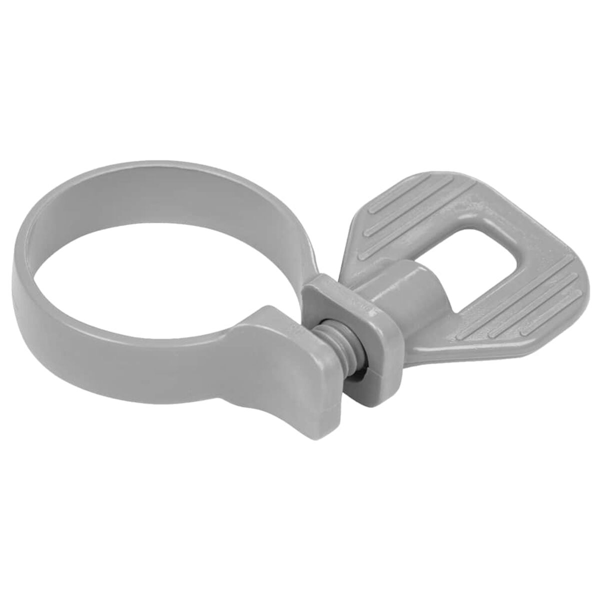 Pince en plastique grise, pour fixer des objets, avec mécanisme de vis.