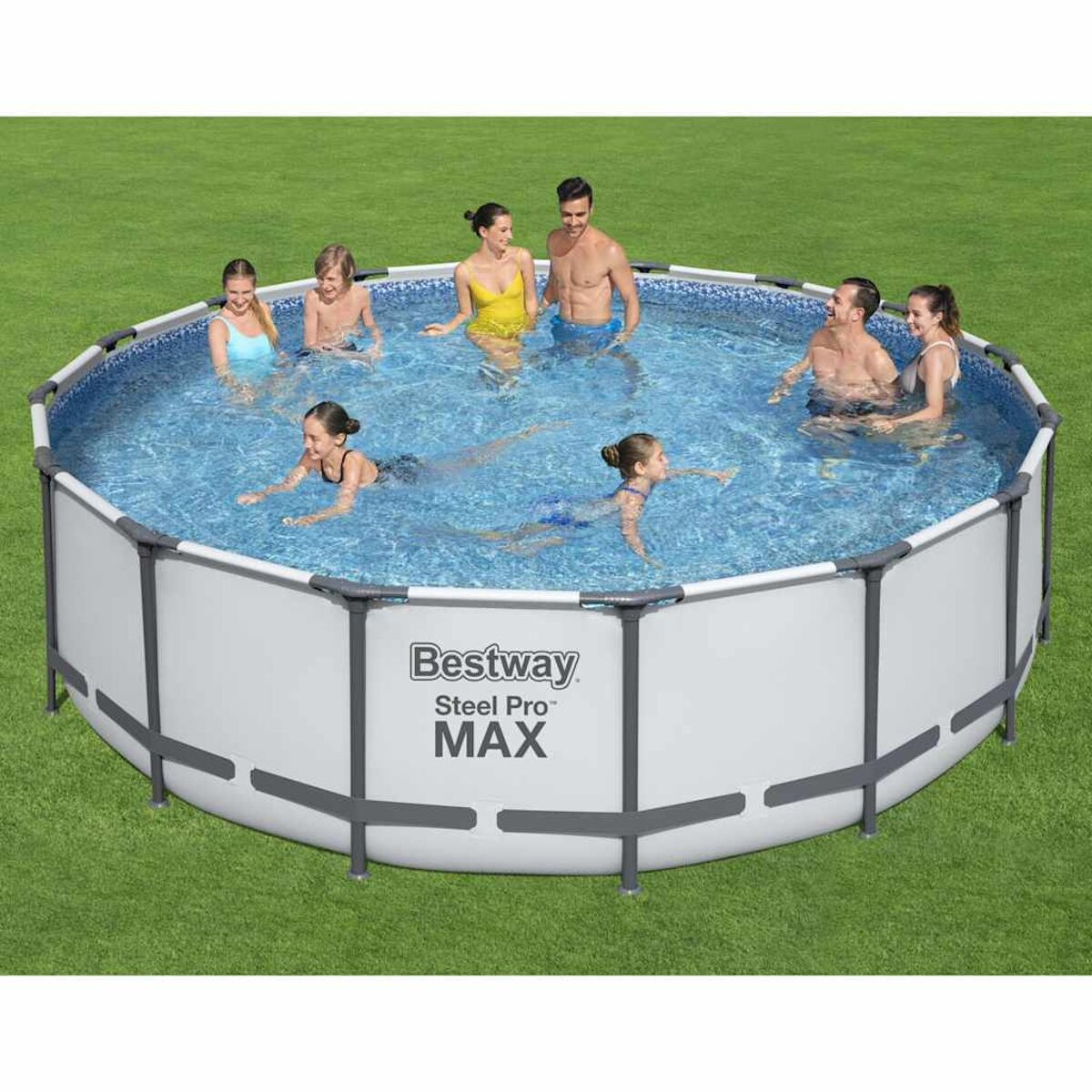 Leute in einem Pool, grünes Gras umgibt ihn. Das Bestway Steel Pro Max Logo ist sichtbar.
