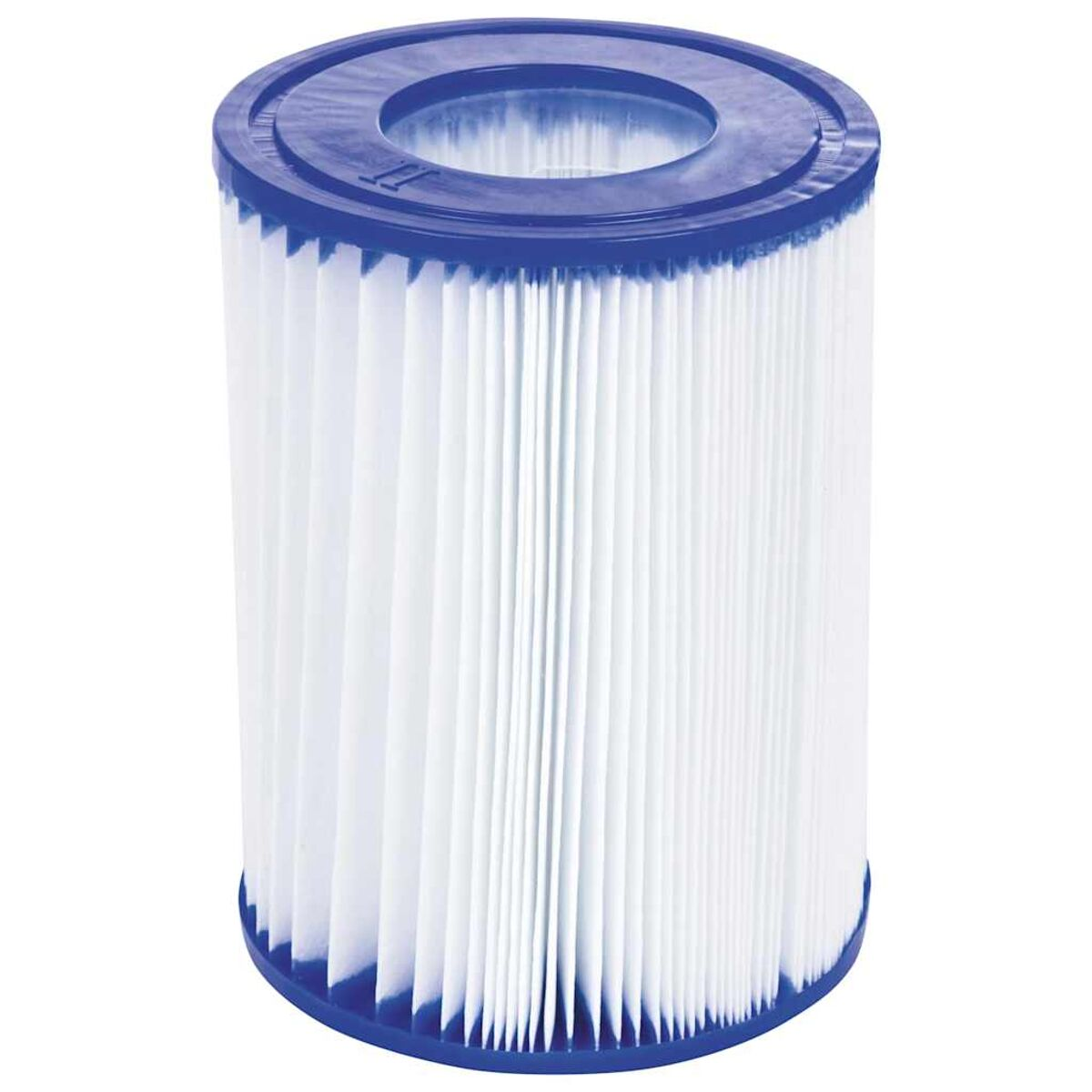 Weiß-blauer zylindrischer Poolfilter mit gefaltetem Papier.