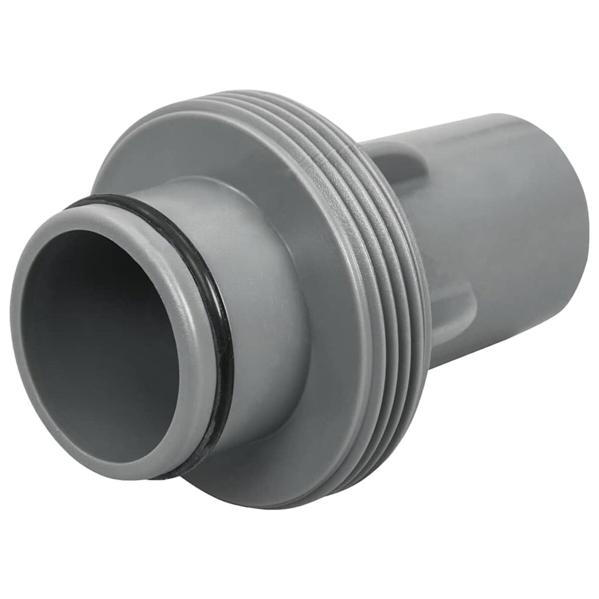 Connecteur en plastique gris avec filetages et joint torique noir.