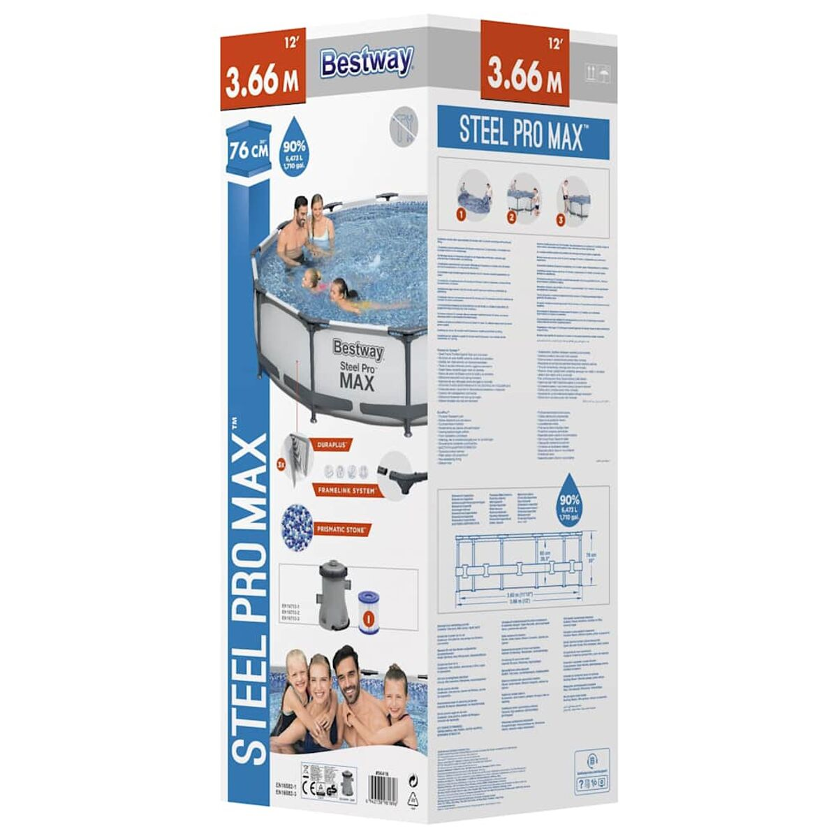 Verpackungskarton für einen Bestway Steel Pro Max Aufstellpool. Die Box zeigt Funktionen und Bilder des Pools.