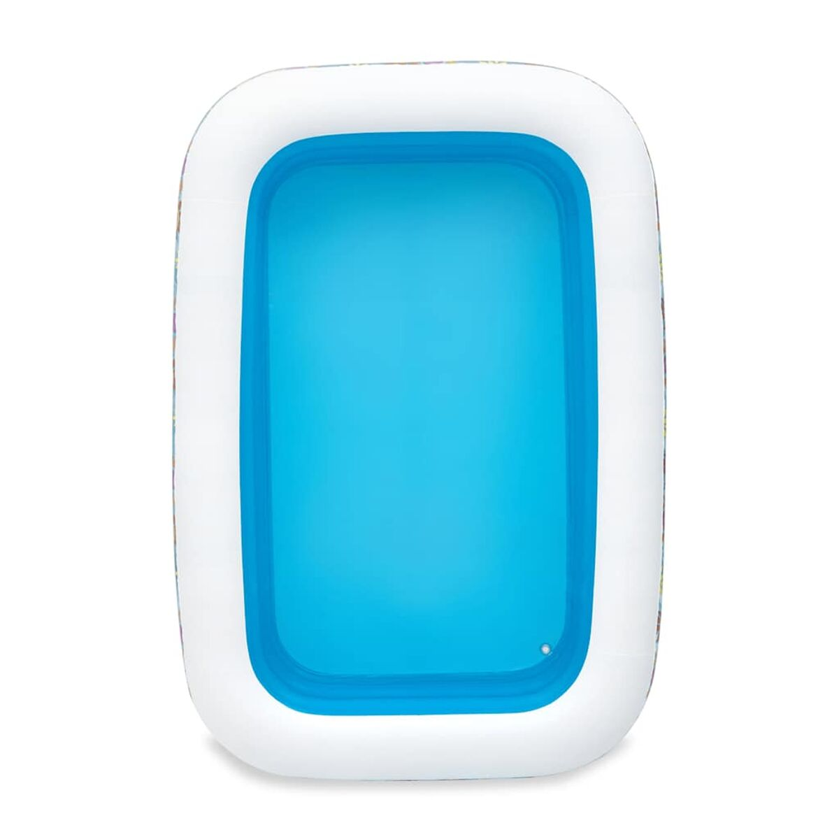 Rechteckiger aufblasbarer Pool mit blauem Wasser, weißen Seiten und einem gemusterten Rand.
