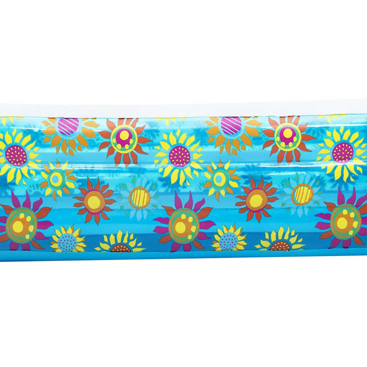 Aufblasbarer Pool mit Sonnenblumenmuster. Der Pool ist blau mit gelben und orangenen Blumen.