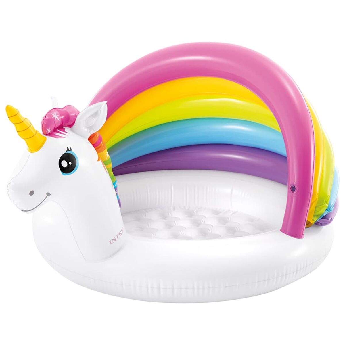 Aufblasbarer Einhorn-Pool mit Regenbogenbogen und blauen Augen.