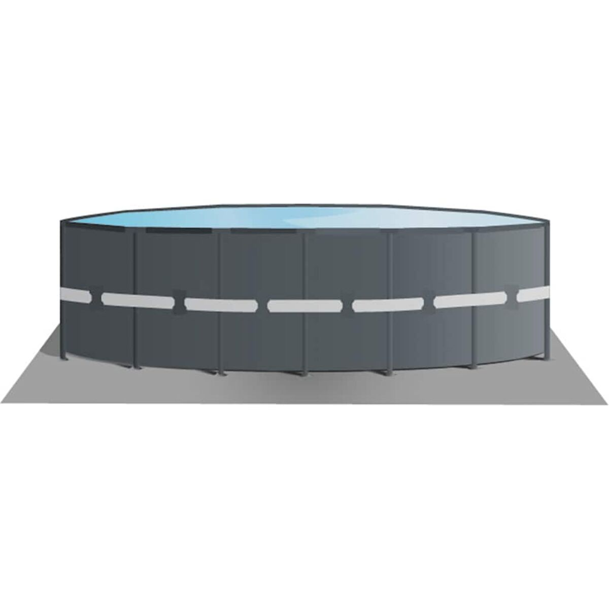 Ein runder oberirdischer Pool mit hellblauem Innenraum. Der Pool ist grau mit weißen Akzenten.