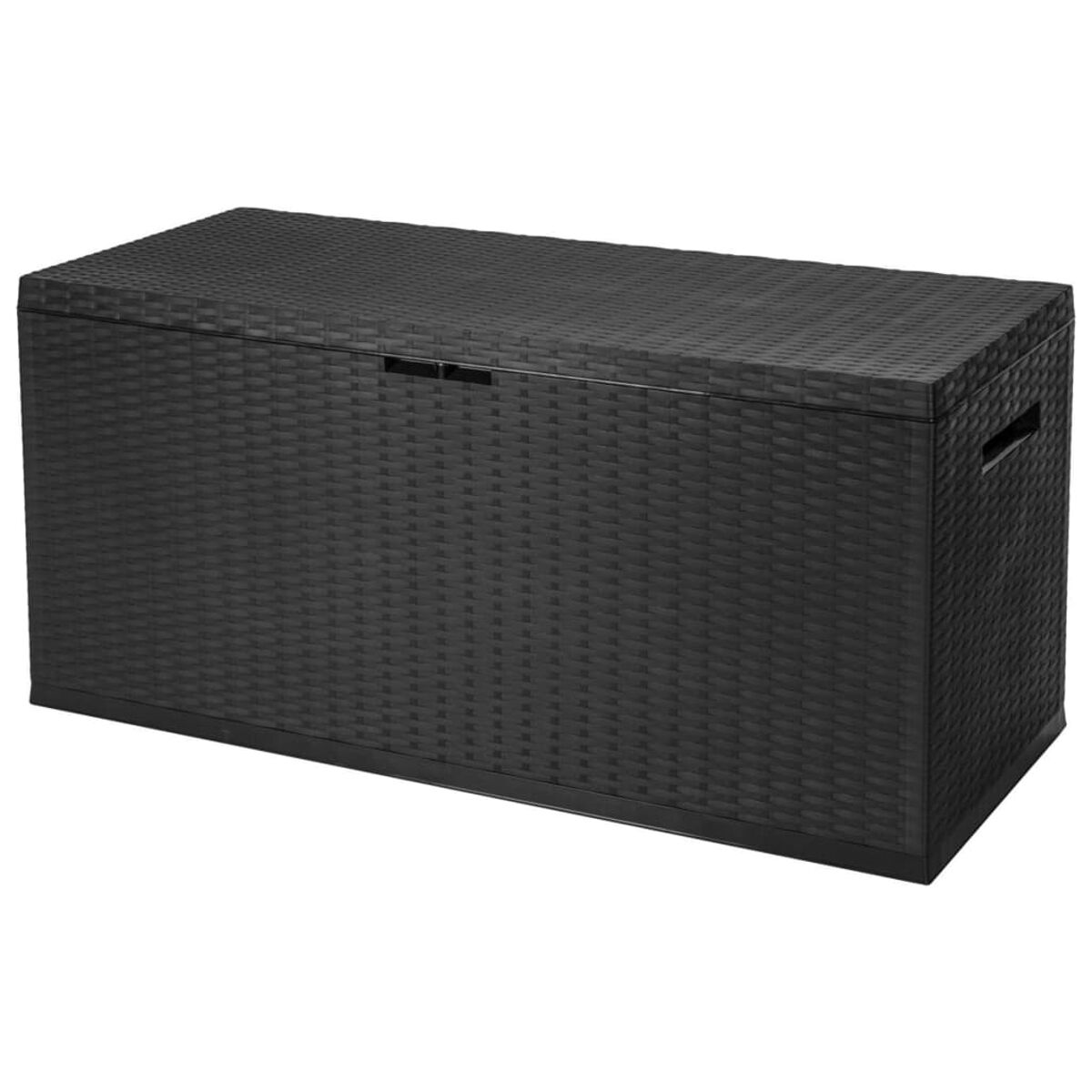 Schwarze rechteckige Aufbewahrungsbox aus einem Material mit gewebtem Muster.