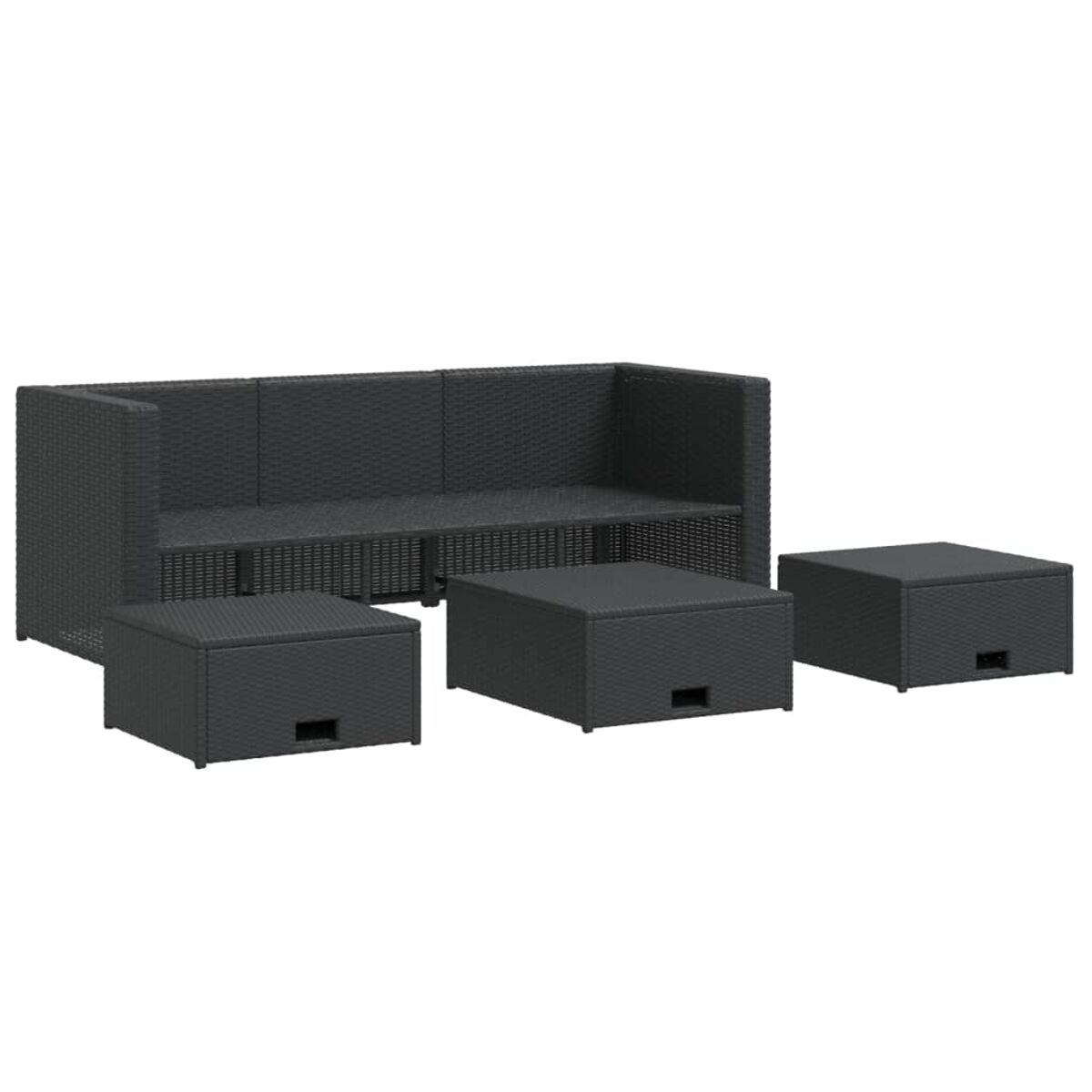 Dunkelgraues Korbmöbel-Set mit Sofa und drei quadratischen Hockern auf weißem Hintergrund.