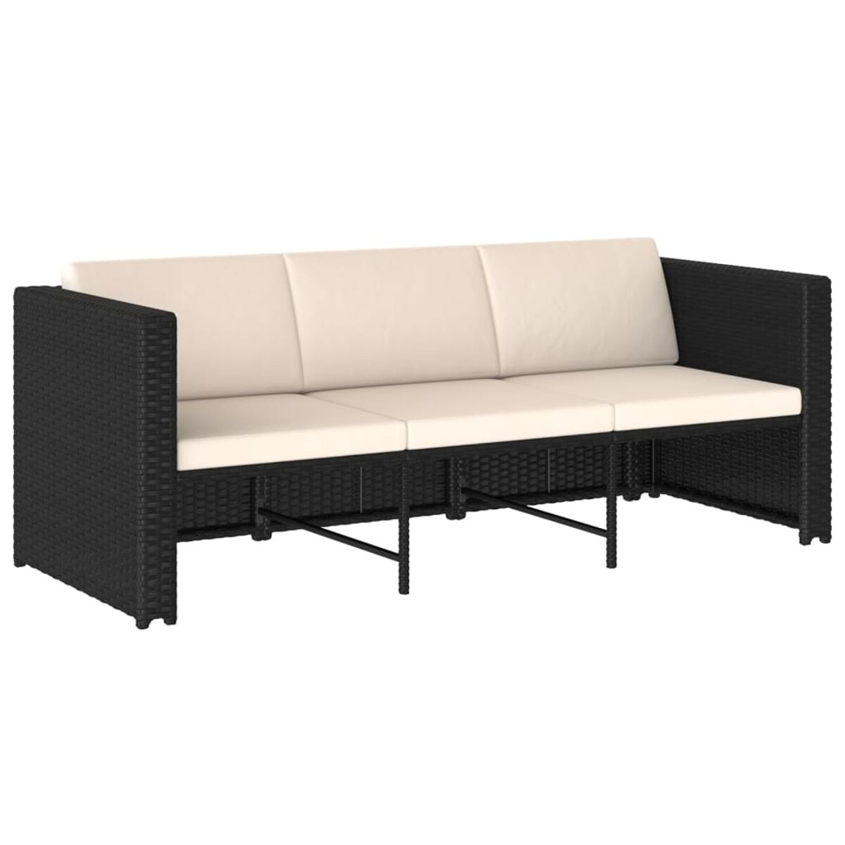 Schwarzes Korbmöbel-Sofa mit cremefarbenen Kissen, vor weißem Hintergrund.