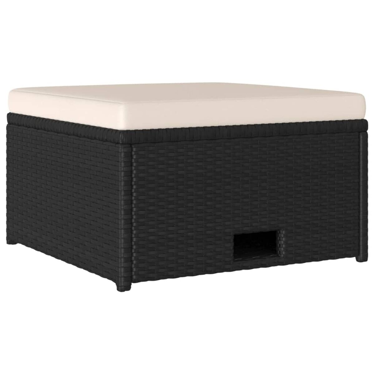 Schwarzes Rattan-Hocker mit weißem Kissen. Der Hocker ist quadratisch und stabil.