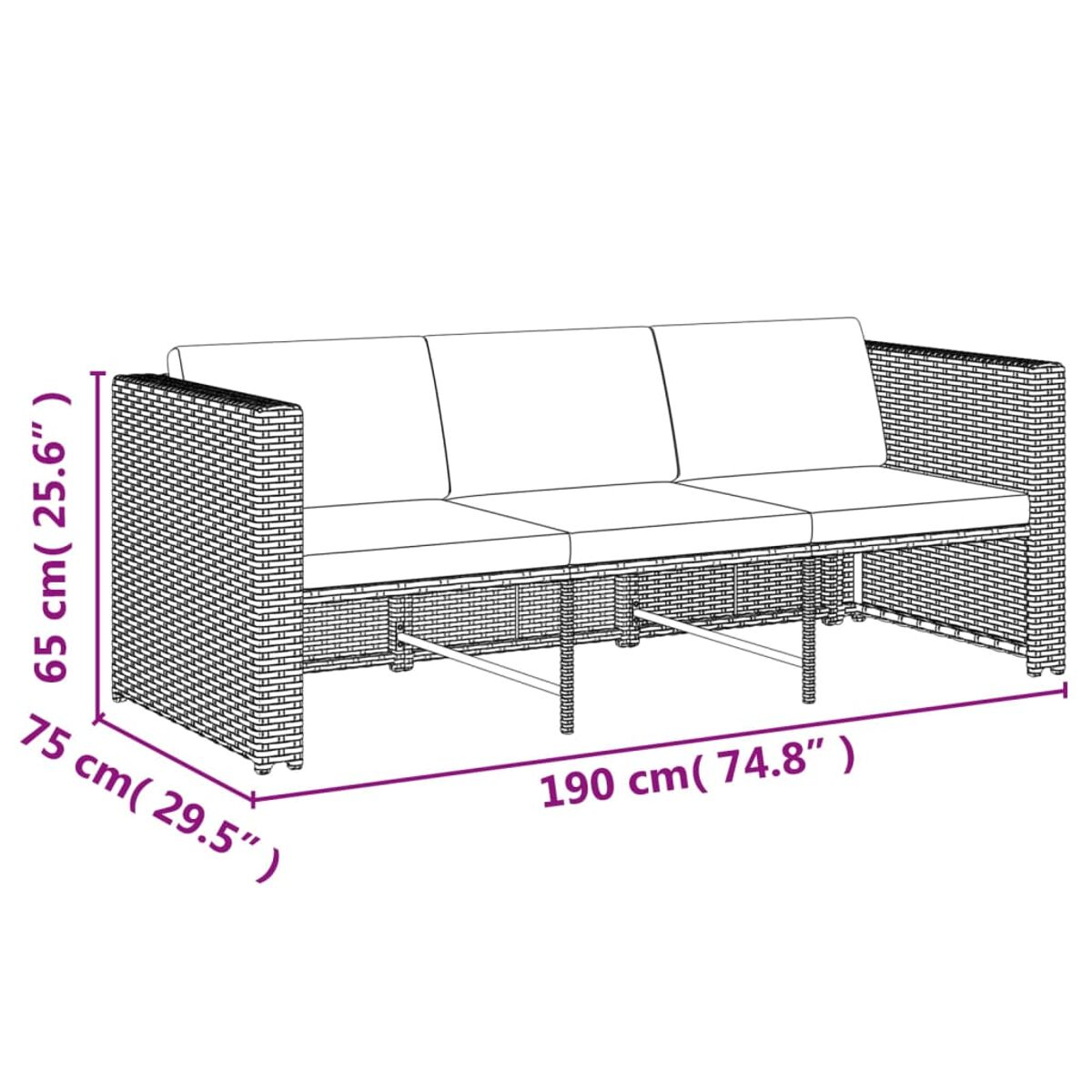 Ein dreisitziges Outdoor-Sofa aus Korbgeflecht, mit Abmessungen in cm und Zoll.