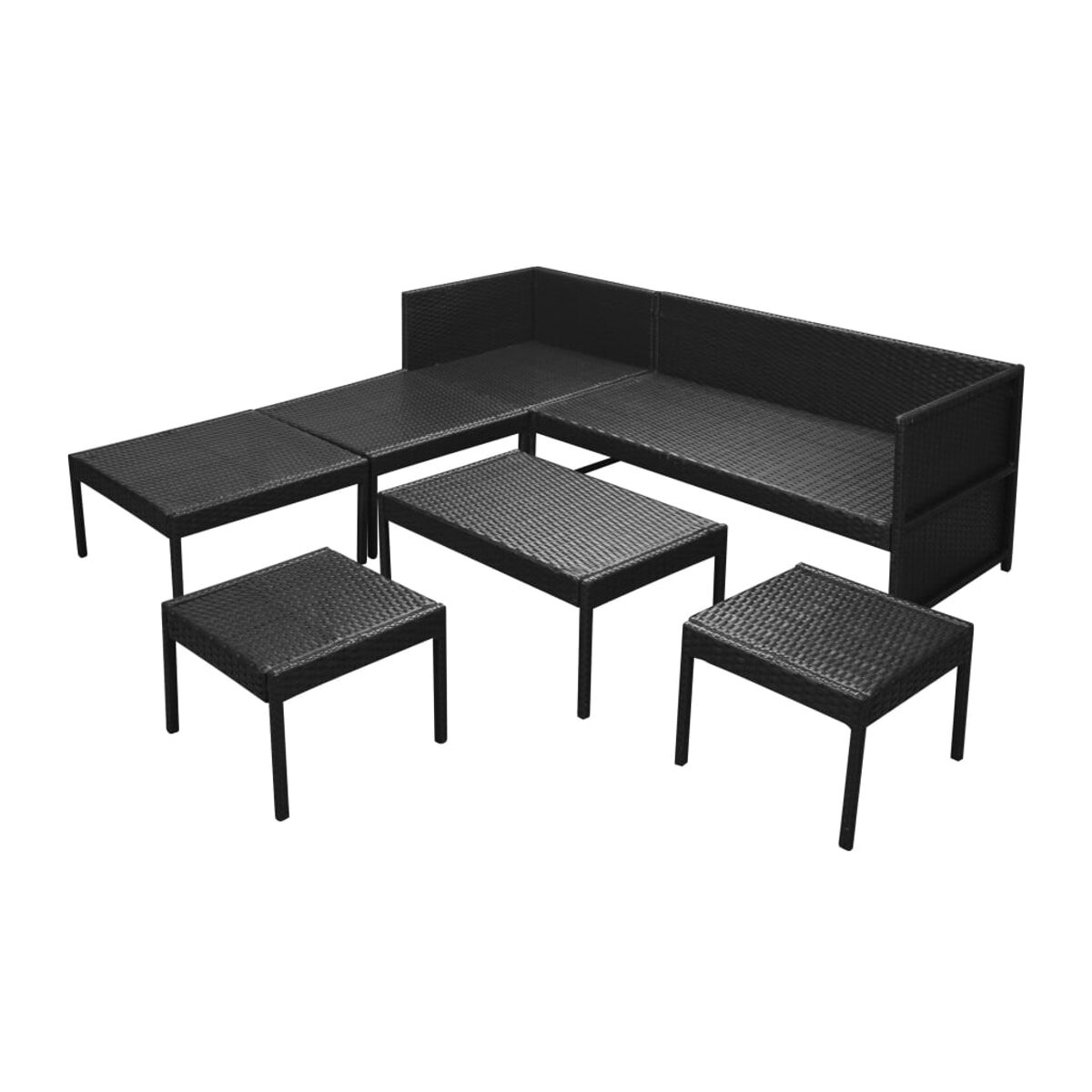 Schwarzes Rattan-Gartenmöbel-Set auf weißem Hintergrund. Enthält ein Ecksofa, Tische und kleine Hocker.