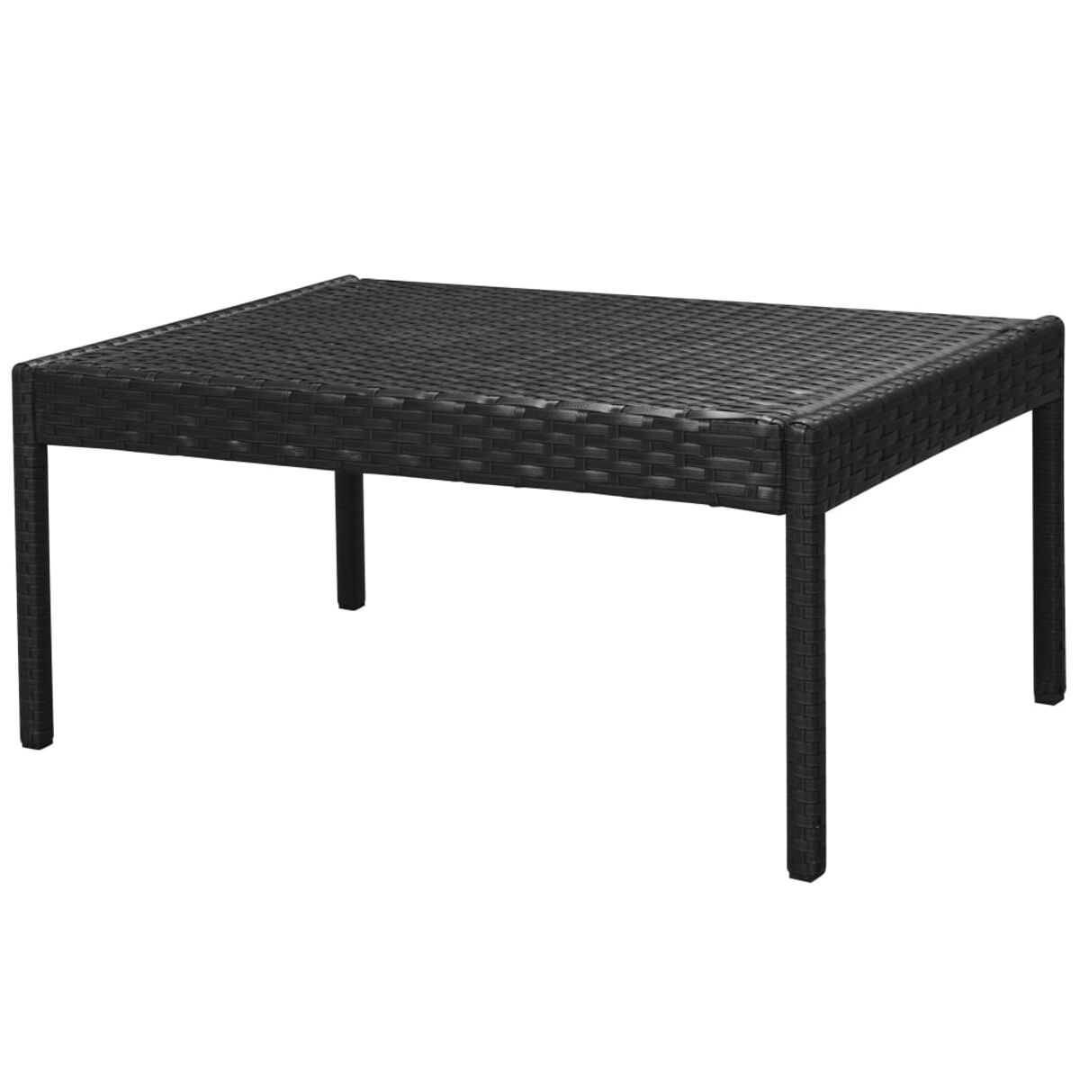 Ein schwarzer rechteckiger Outdoor-Couchtisch mit vier Beinen. Die Oberfläche ist gewebt.