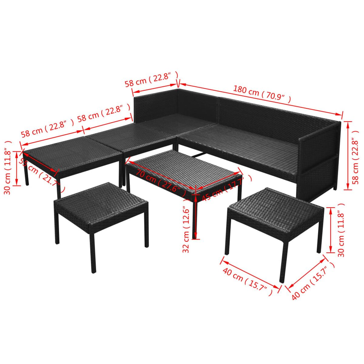 Schwarzes Rattan-Gartenmöbel-Set. Enthält ein Ecksofa, Tische und Hocker. Maße sind angegeben.