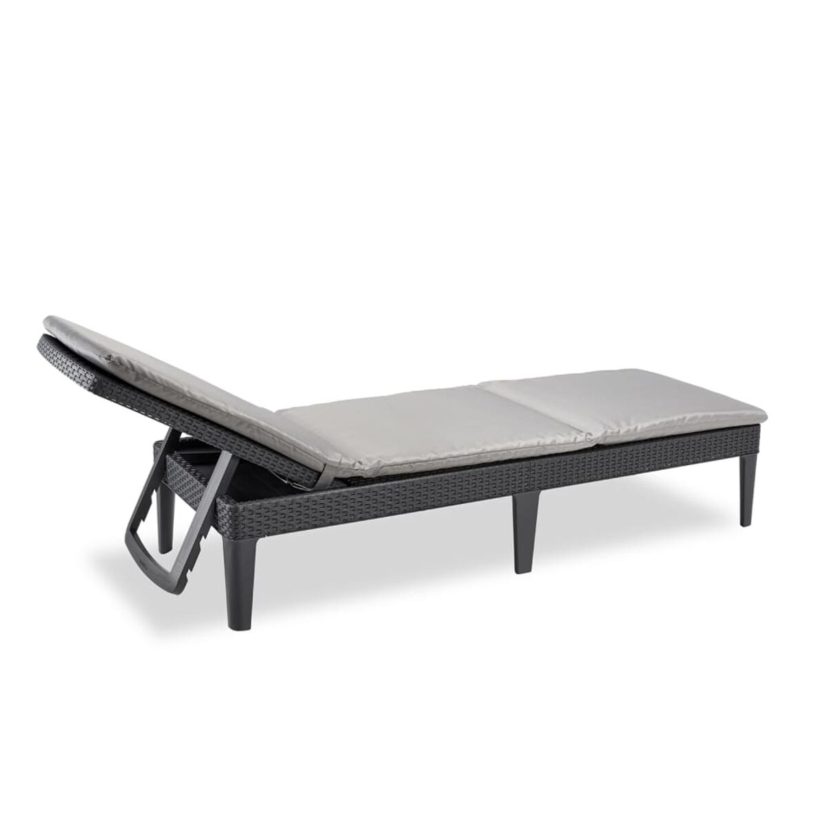Schwarz-graue Outdoor-Sonnenliege mit verstellbarer Rückenlehne und hellgrauem Kissen.
