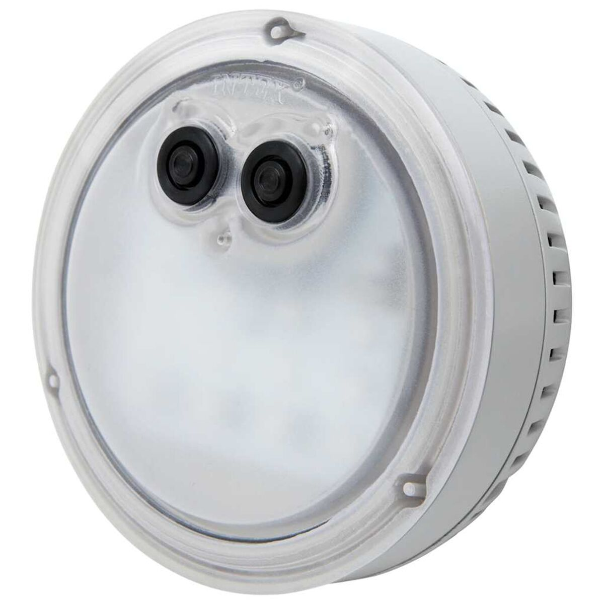Apparecchio di illuminazione rotondo bianco e grigio con due lenti nere. Sfondo bianco.