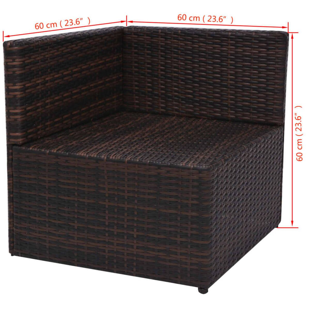 Braunes Ecksofa aus Korbgeflecht mit Maßen. Quadratische Form, strukturierte Oberfläche, Licht von oben.