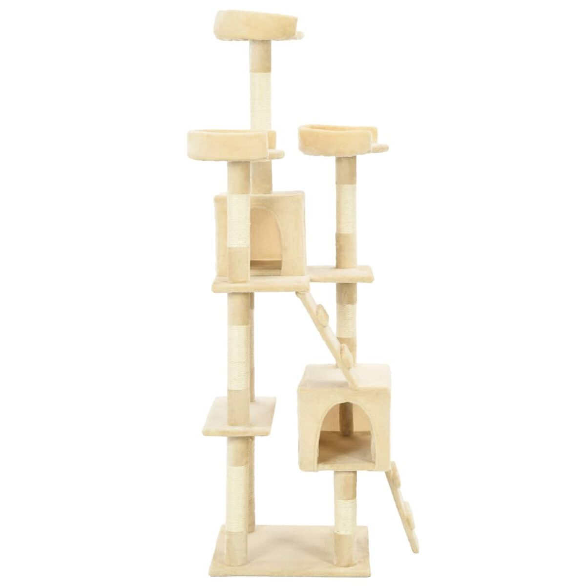 Beiger Katzenbaum mit mehreren Ebenen, Kratzbäumen und einem Katzenhaus.