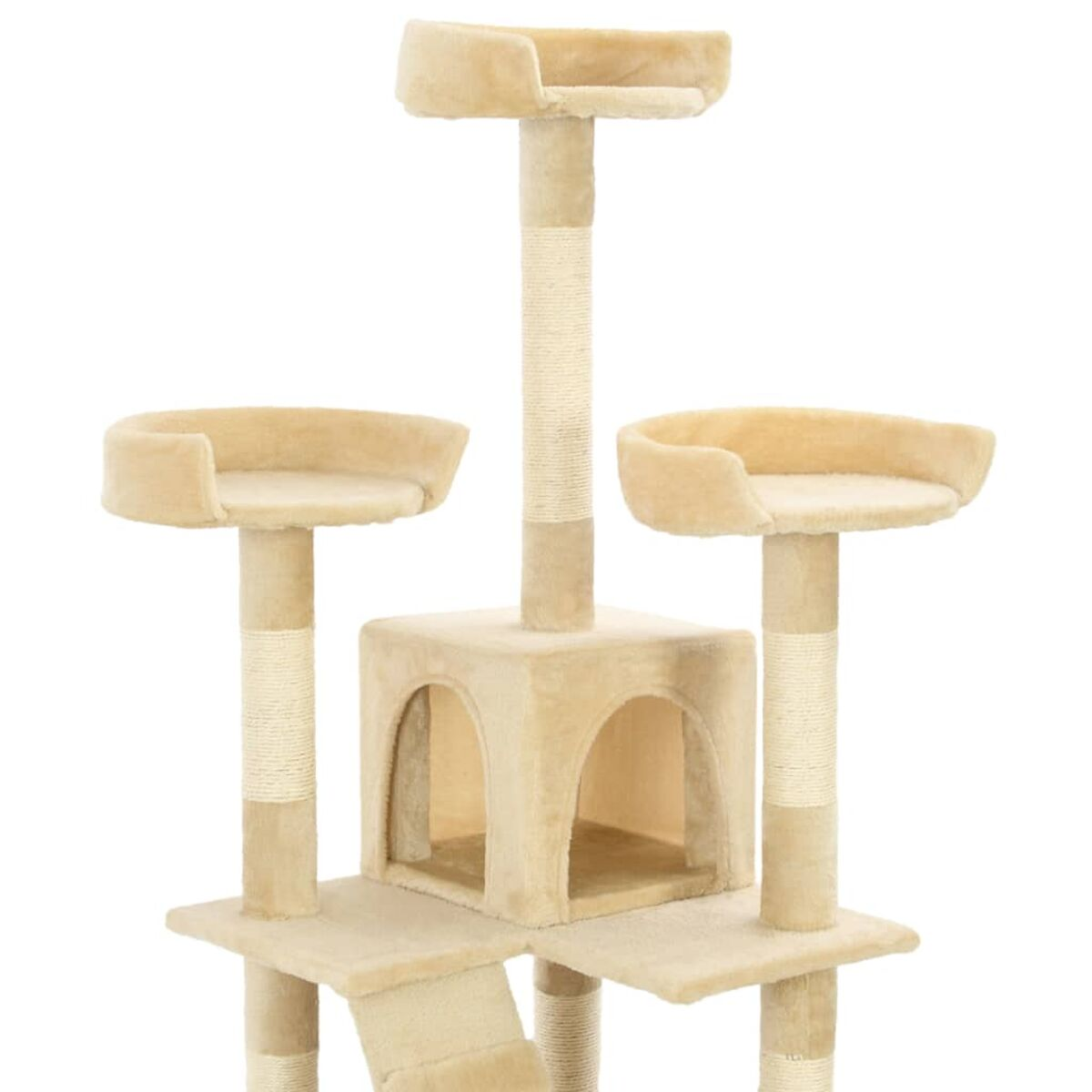 Beiger Katzenbaum mit mehreren Plattformen, Kratzbäumen und einer kleinen Höhle. Auf weißem Hintergrund.