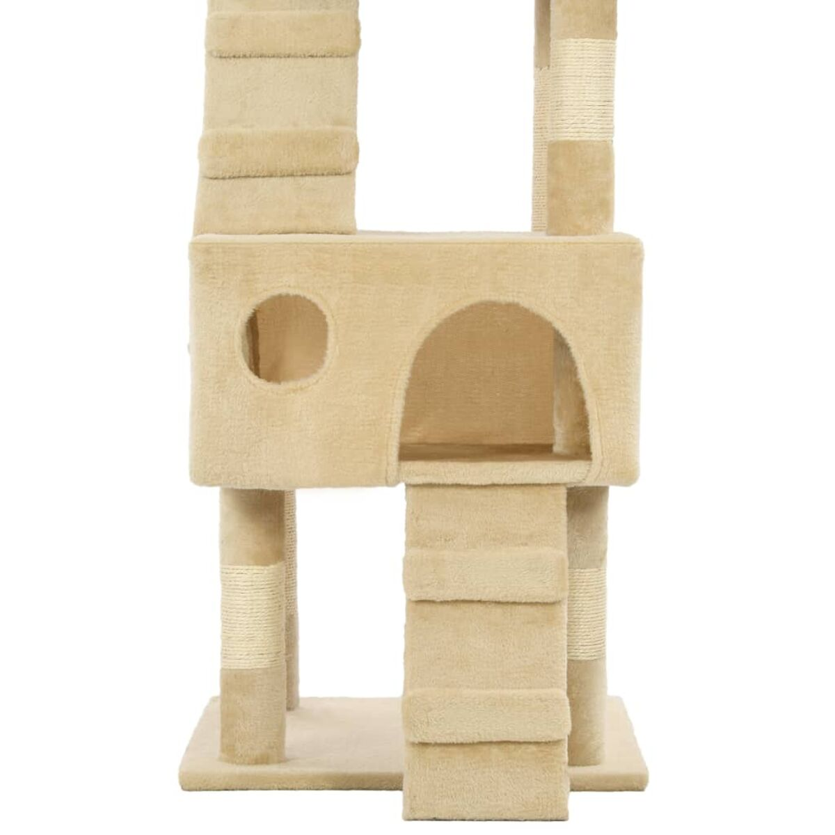 Ein beiger Katzenbaum mit mehreren Ebenen, einem Katzenhaus und Kratzbäumen. Weißer Hintergrund.