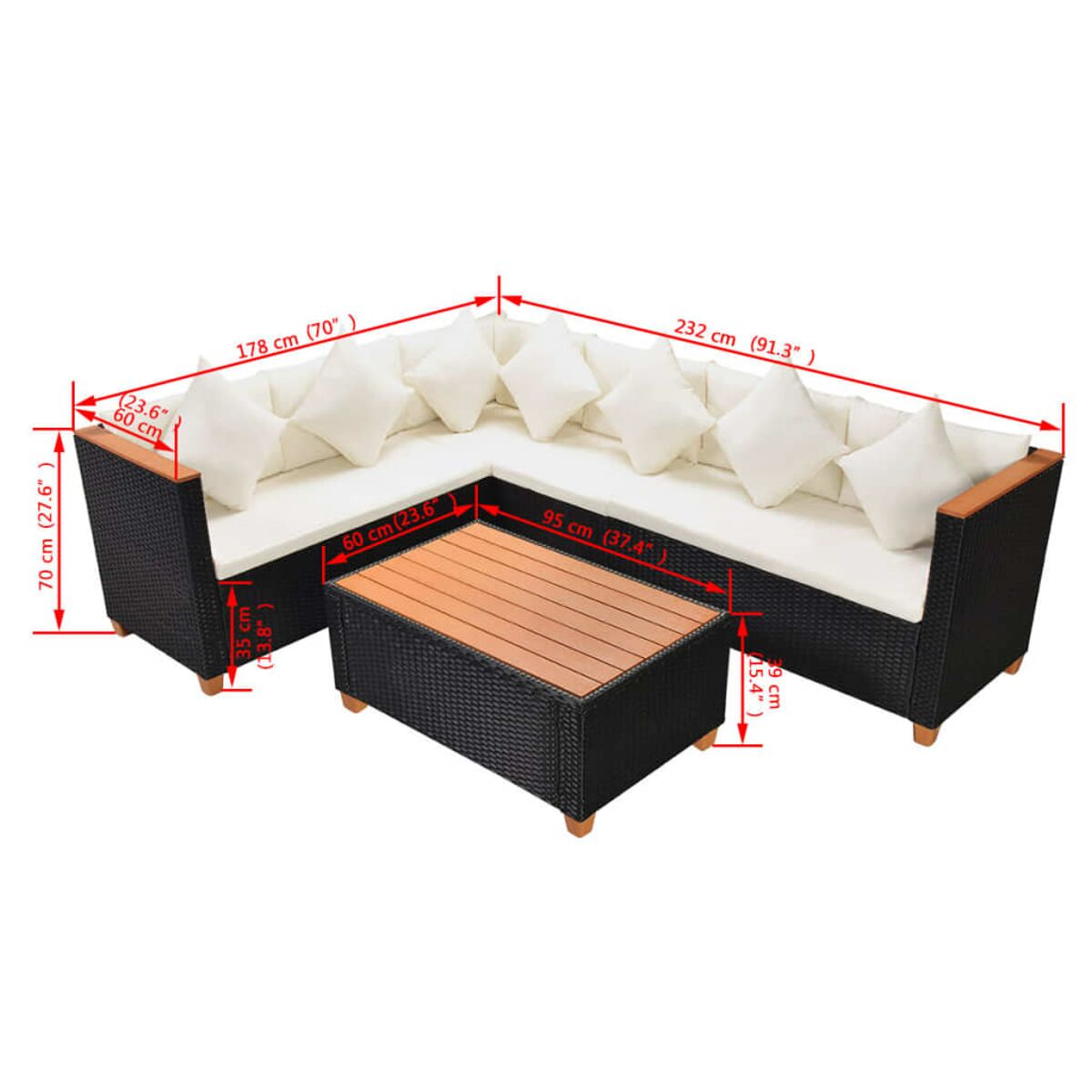 L-förmiges Outdoor-Sofaset mit Maßen. Schwarzes Korbgeflecht, weiße Kissen und Holzakzente.