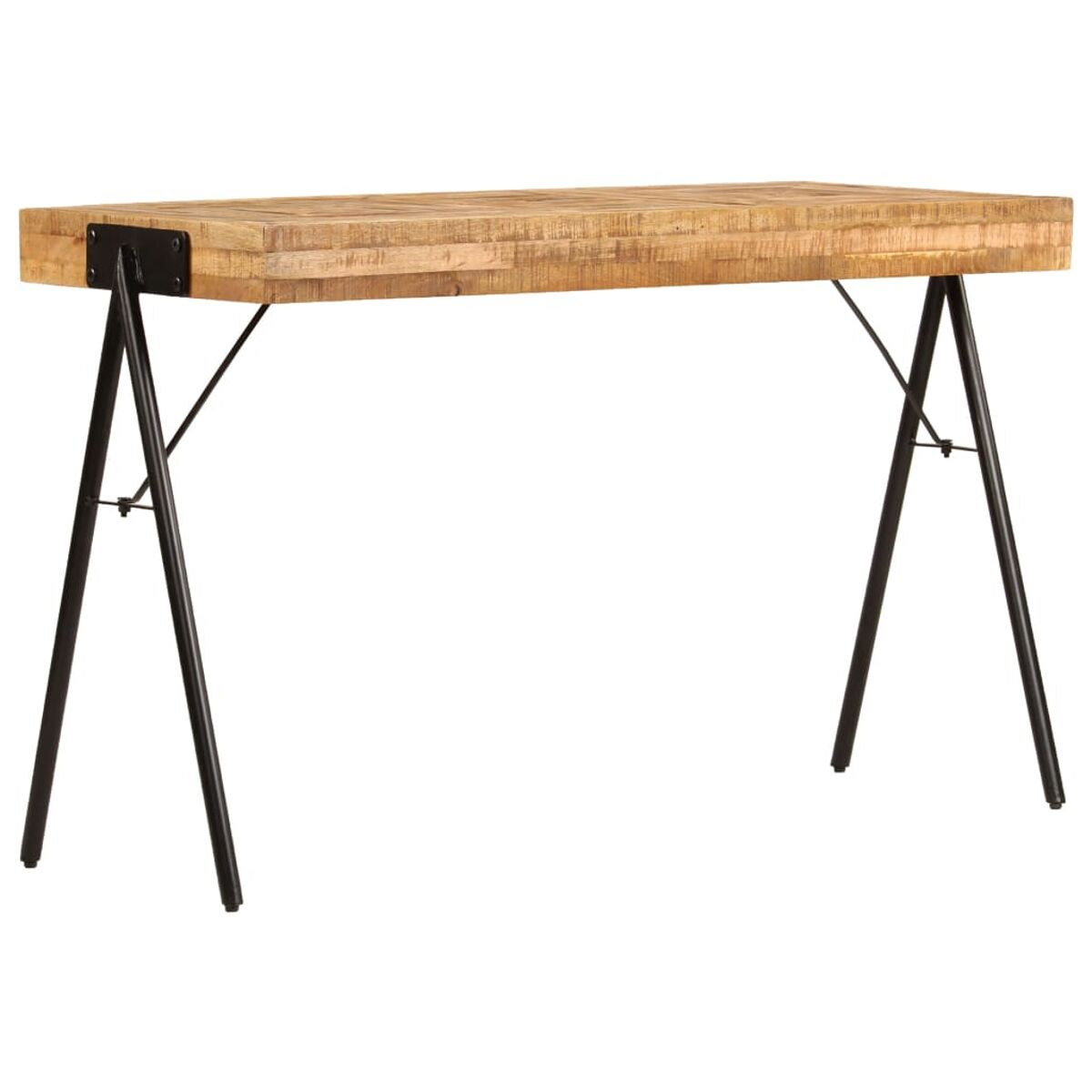 Ein Holzschreibtisch mit schwarzen Metallbeinen. Hellbraune Farbe.