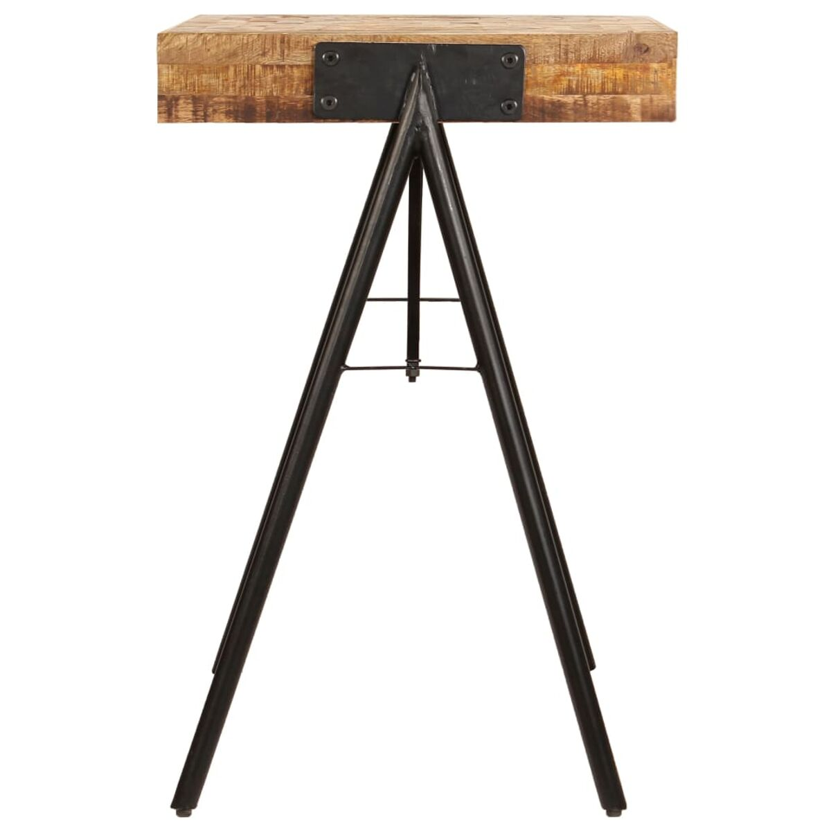Ein Holztisch mit schwarzem Metallrahmen. Die Oberseite besteht aus Holzplanken.