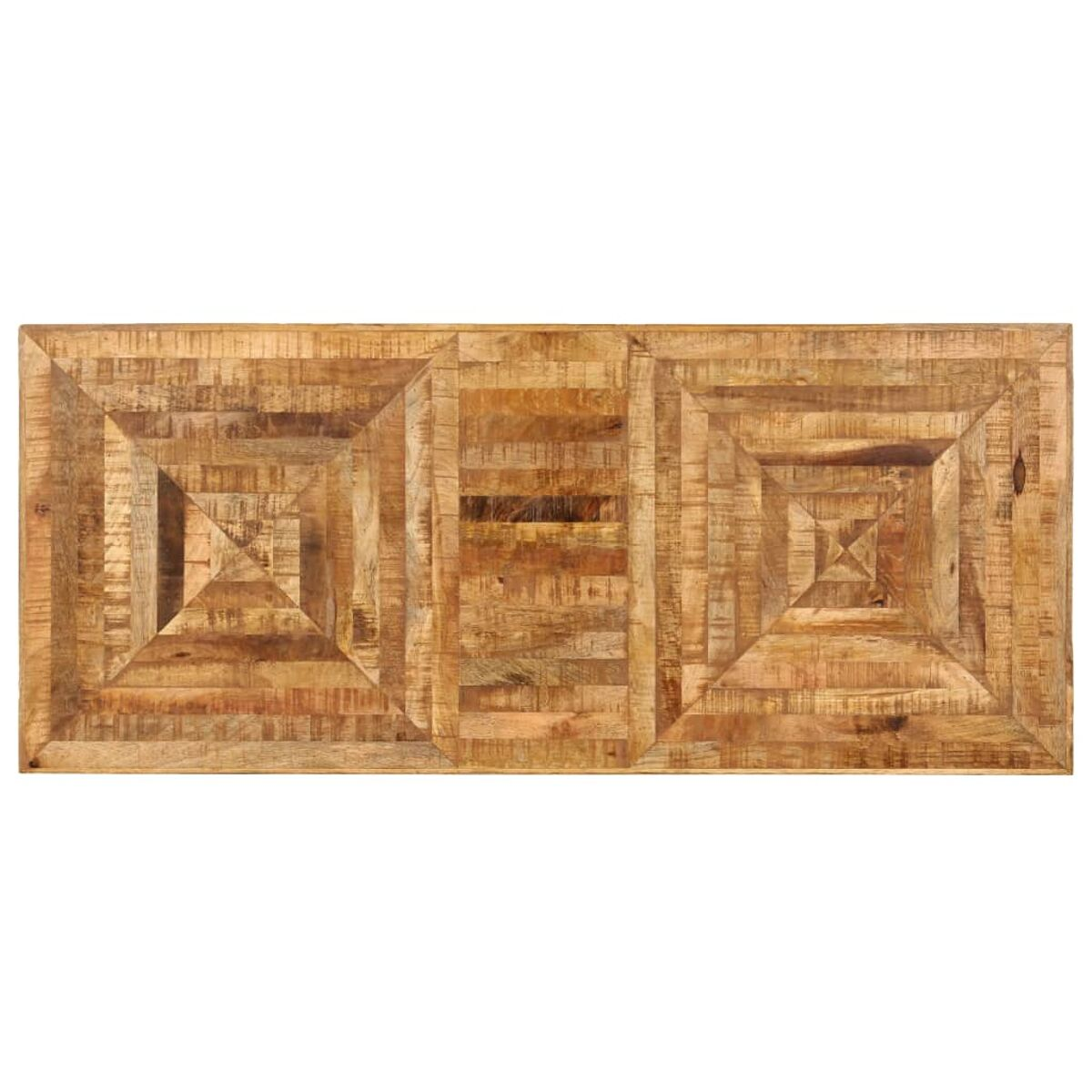 Holztischplatte. Sie hat ein geometrisches Muster. Der Hintergrund ist weiß.