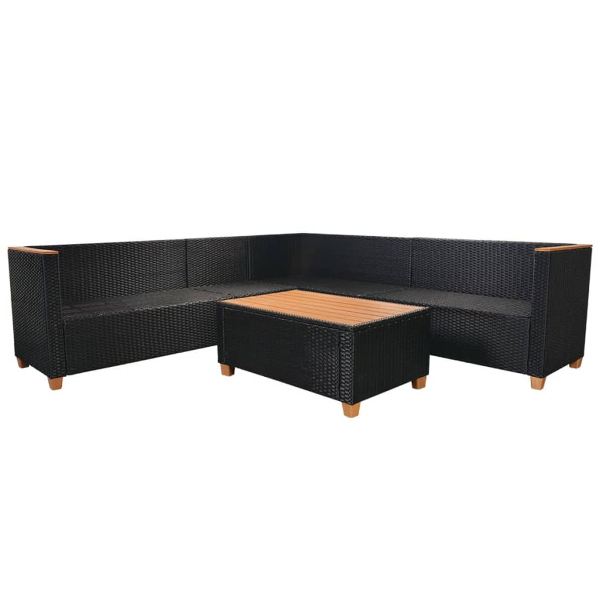 Schwarzes Outdoor-Ecksofa mit einem Holztisch.