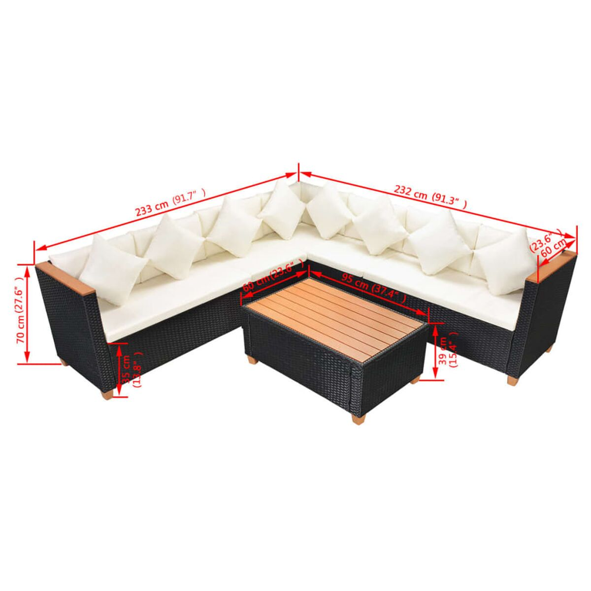 L-förmiges Outdoor-Sofaset. Tisch in der Mitte. Abmessungen sind im Bild angegeben.