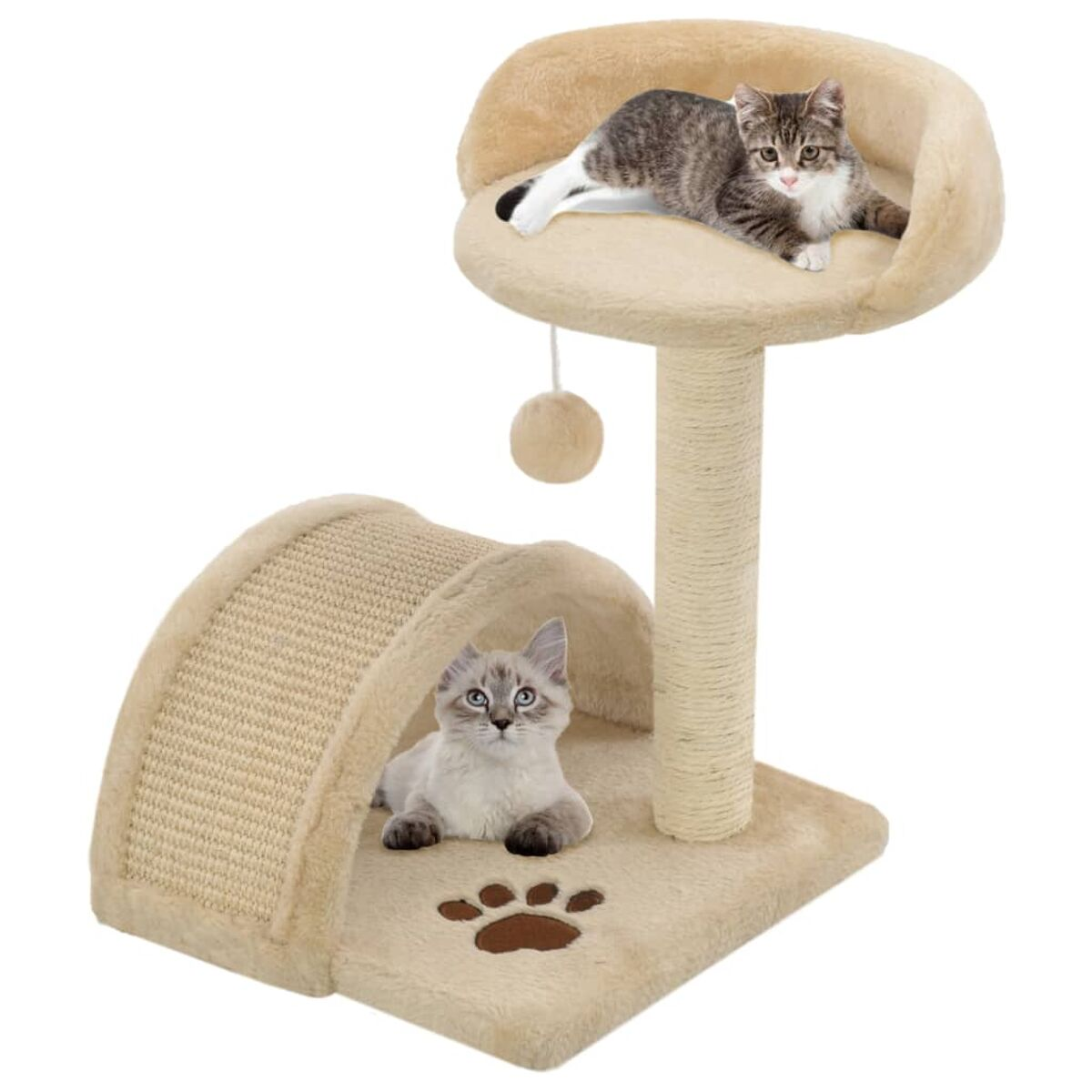 Katzenturm mit zwei Katzen. Eine oben, die andere im Sockel. Beige Farbe.