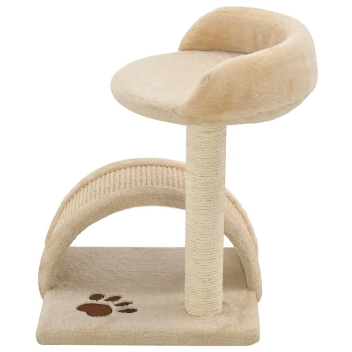 Katzenbaum mit beigem Sockel, Kratzbaum und rundem Bett oben.