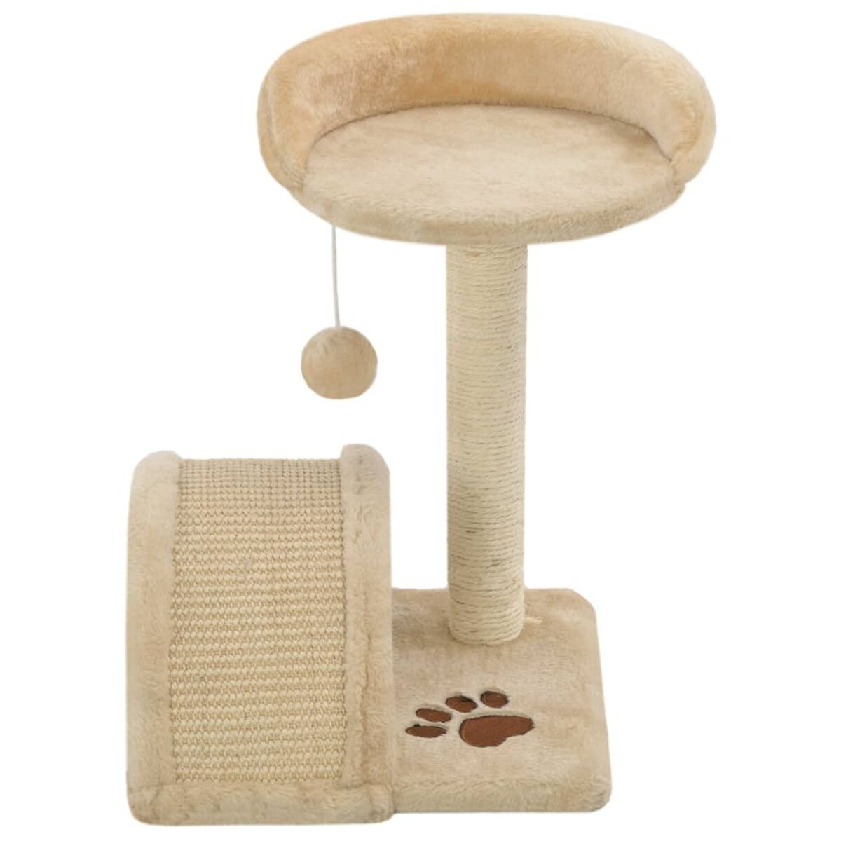 Katzenbaum mit Rampe und Ball. Beige Farbe, Pfotenabdruck am Sockel.