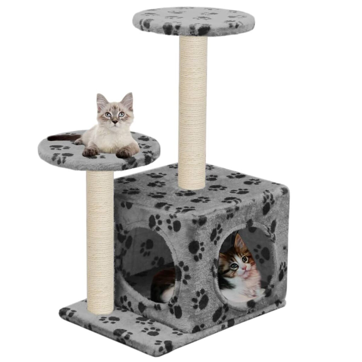 Katzenbaum mit zwei Katzen. Eine Katze ist auf einer oberen Plattform. Die andere in einem Versteck.