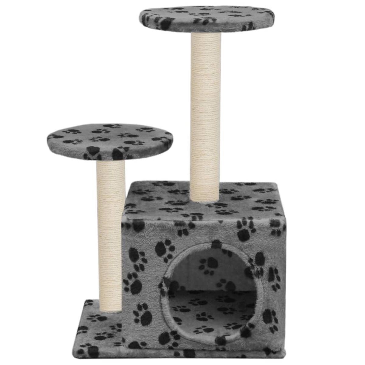 Ein grauer Katzenbaum mit mehreren Plattformen und einer Höhle. Schwarze Pfotenabdrücke sind sichtbar.
