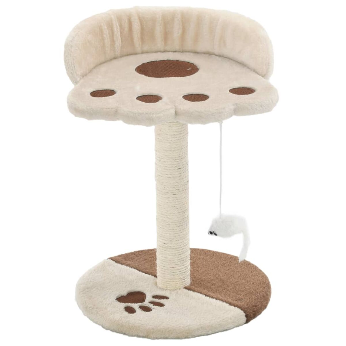 Kratzbaum für Katzen, beige und braun, mit oberer Plattform, Tunnel und Spielzeug.