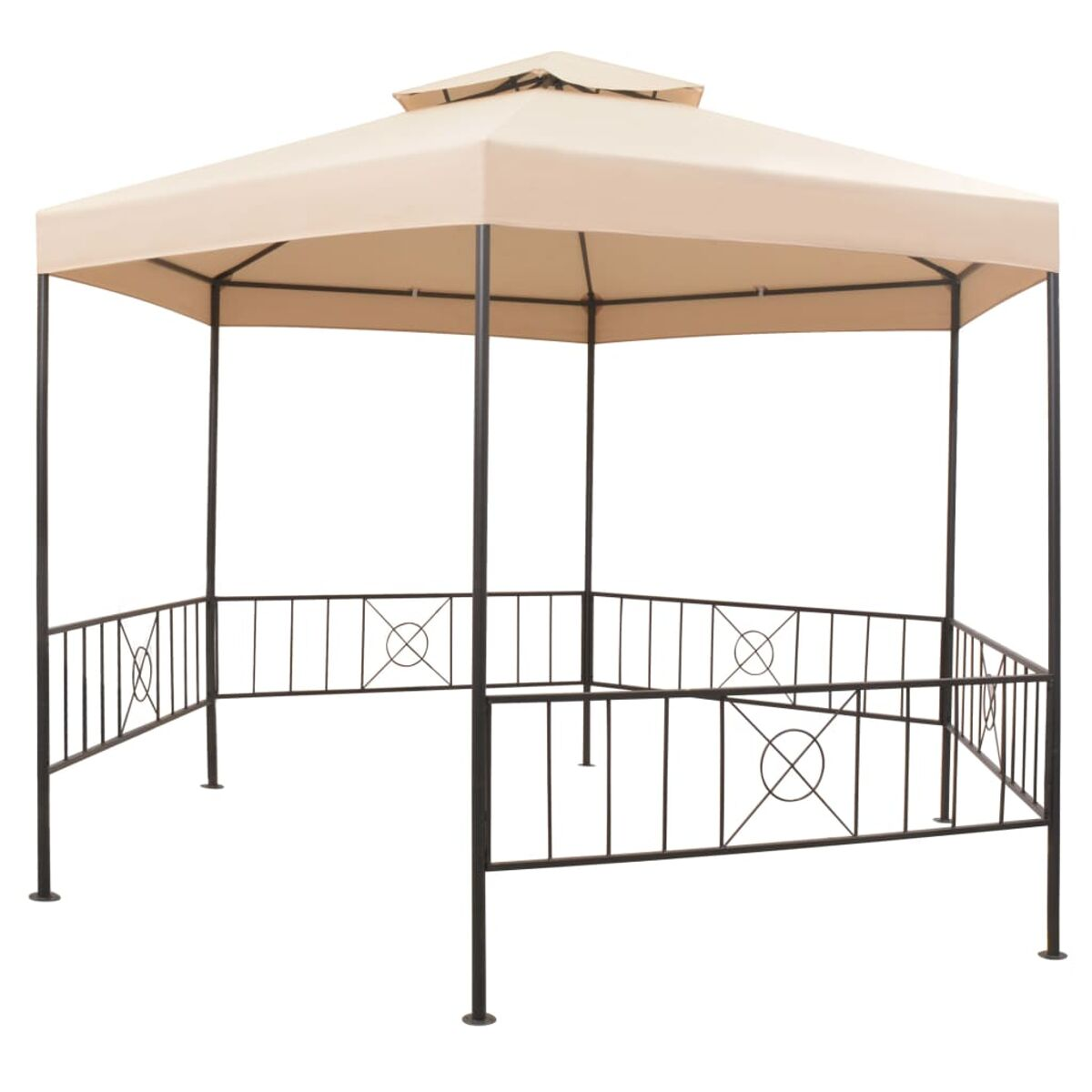Beigefarbener Pavillon mit schwarzem Metallrahmen und Geländer, isoliert auf weißem Hintergrund.