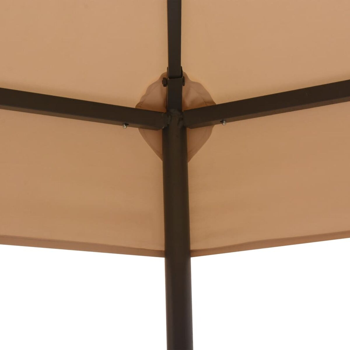 Beige Schirmunterseite, braunes Metallgestell. Quadratische Form, weißer Hintergrund.